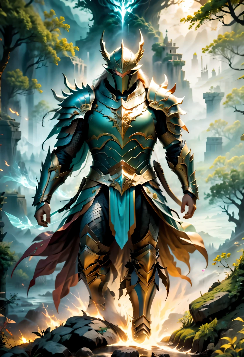 (best quality,4k,high resolution,masterpiece:1.2),actual,heroes in fantasy world,brave warrior,Detailed armor,sharp sword,majestic cape,magic,brave gesture,magical creatures,magic森林,hazy background,magical lights,bright colors,fantastic scenery,dramatic atmosphere,mysterious atmosphere,epic battle场面,ancient ruins,dangerous mission,mythology figure,Mysterious creature,Heroic deeds,dragon slayer,enchanted weapons,powerful,aura of light,sense of adventure,ethereal environment,Extraordinary power,stunning view,An unforgettable journey,final destiny,Legendary heroes,epic battle.