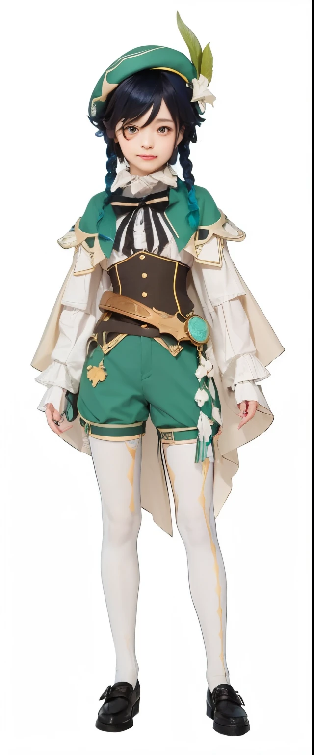 masterpiece, best quality,1 girl, female focus, venti (genshin impact), lyre, black hair, hat, smile, braid, long sleeves, twin braids, gradient hair, multicolored hair, instrument, pantyhose, vision (genshin impact), bow, shorts, blue hair, green headwear, beret, white pantyhose, green shorts, collared cape, bangs,shirt, jewelry, looking at viewer, white shirt, brooch, cape, androgynous, frilled sleeves, frills, corset, short hair with long locks, green eyes, cute, red cheeks