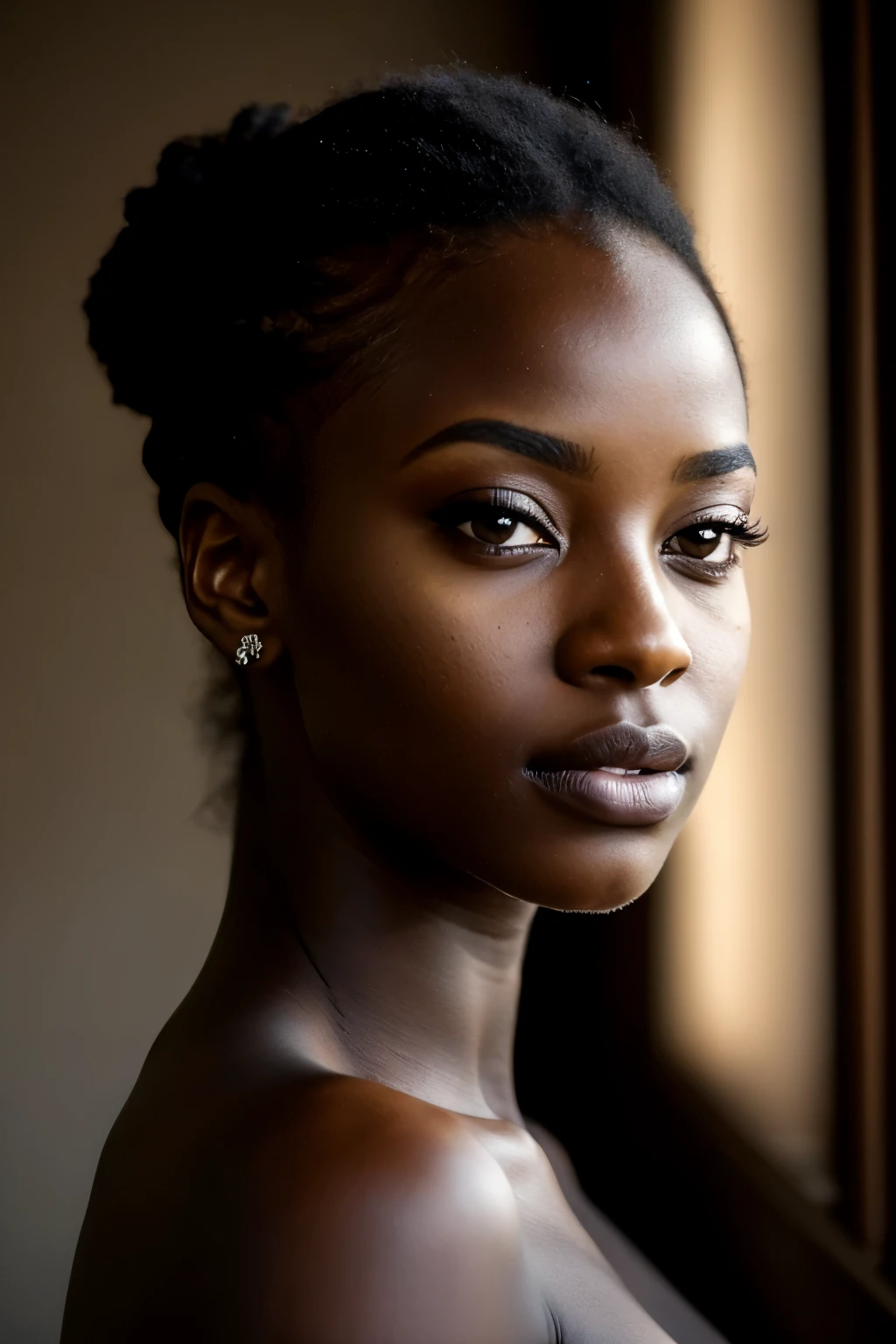 RAW photo Reveals the vibrant textures and rich colors of a stunning 26-year-old African woman's face, captured in a portrait shot. Her cute, expressive features radiate happiness, and her dark, sultry eyes captivate the viewer. The cinematic setting casts hard shadows across her profile, adding depth and drama to the image. Each detail – from her pores to the intricate texture of her skin – is rendered in extreme quality, with sharp focus and high contrast capturing every element of her beauty. The black dress she wears adds a mysterious allure, and the dramatic lighting creates a captivating, evocative atmosphere. This remarkable photograph is a test