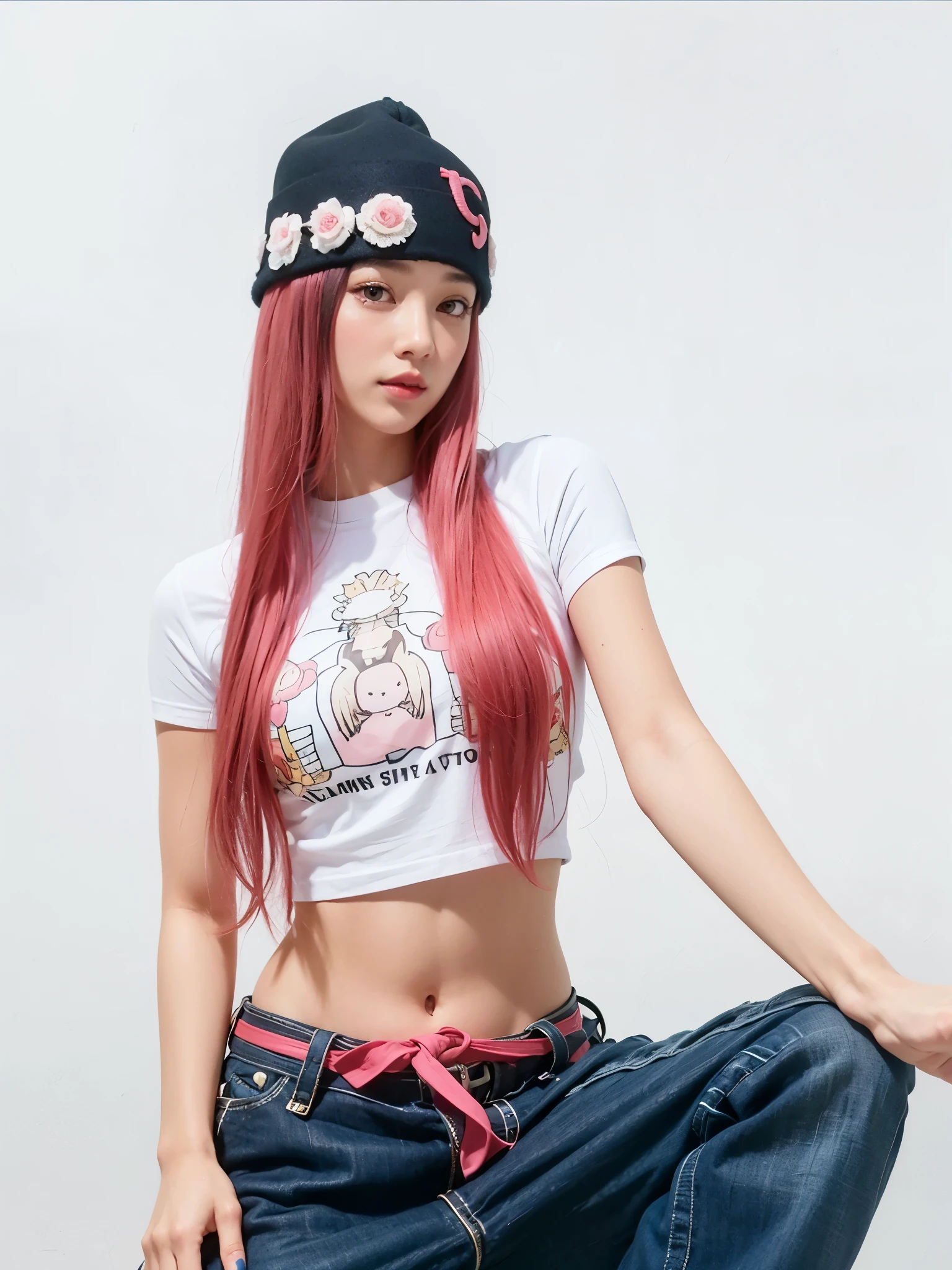 un primer plano de una persona con cabello largo y sombrero, jossi of rosa negro, roseanne park of rosa negro, bella delfina, foto de modelo chica delgada, pelo largo color chicle, portrait of jossi of rosa negro, lalisa manoban of rosa negro, modelo de moda femenina coreana, pelo liso rosa, jisoo from rosa negro, con cabello rosado, animated barbie doll, rosa negro