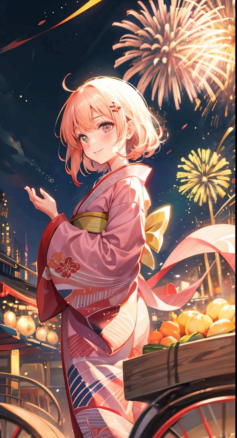 Fireworks in the background,a girl,Wearing a kimono,night,Lively market,gentle smile,shy,blush,Hayao Miyazaki style,bright contrast,