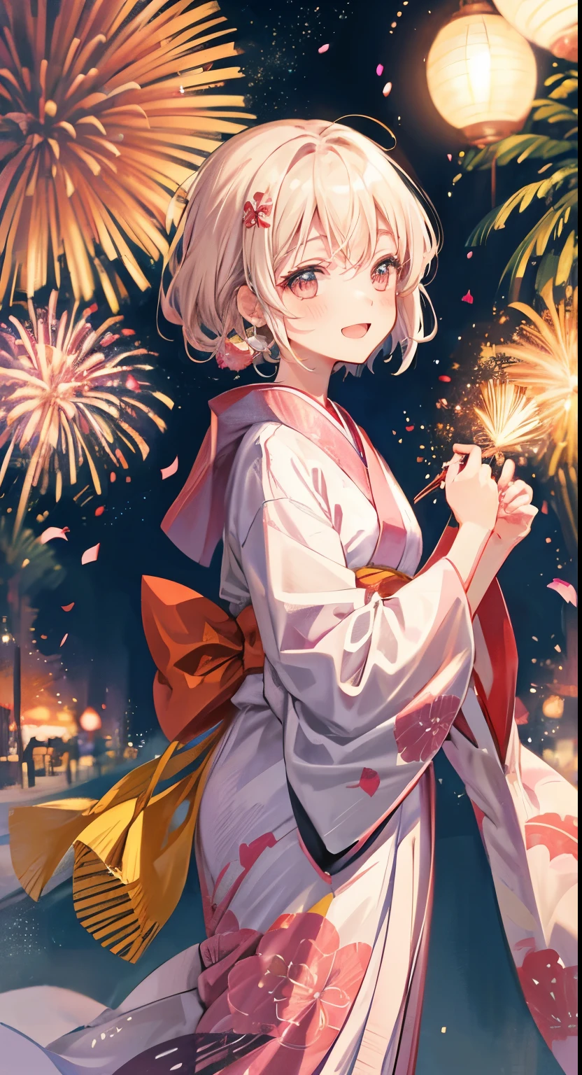 Fireworks in the background，a girl，Wearing a kimono，night，Lively market，gentle smile，shy，blush，Hayao Miyazaki style，bright contrast，