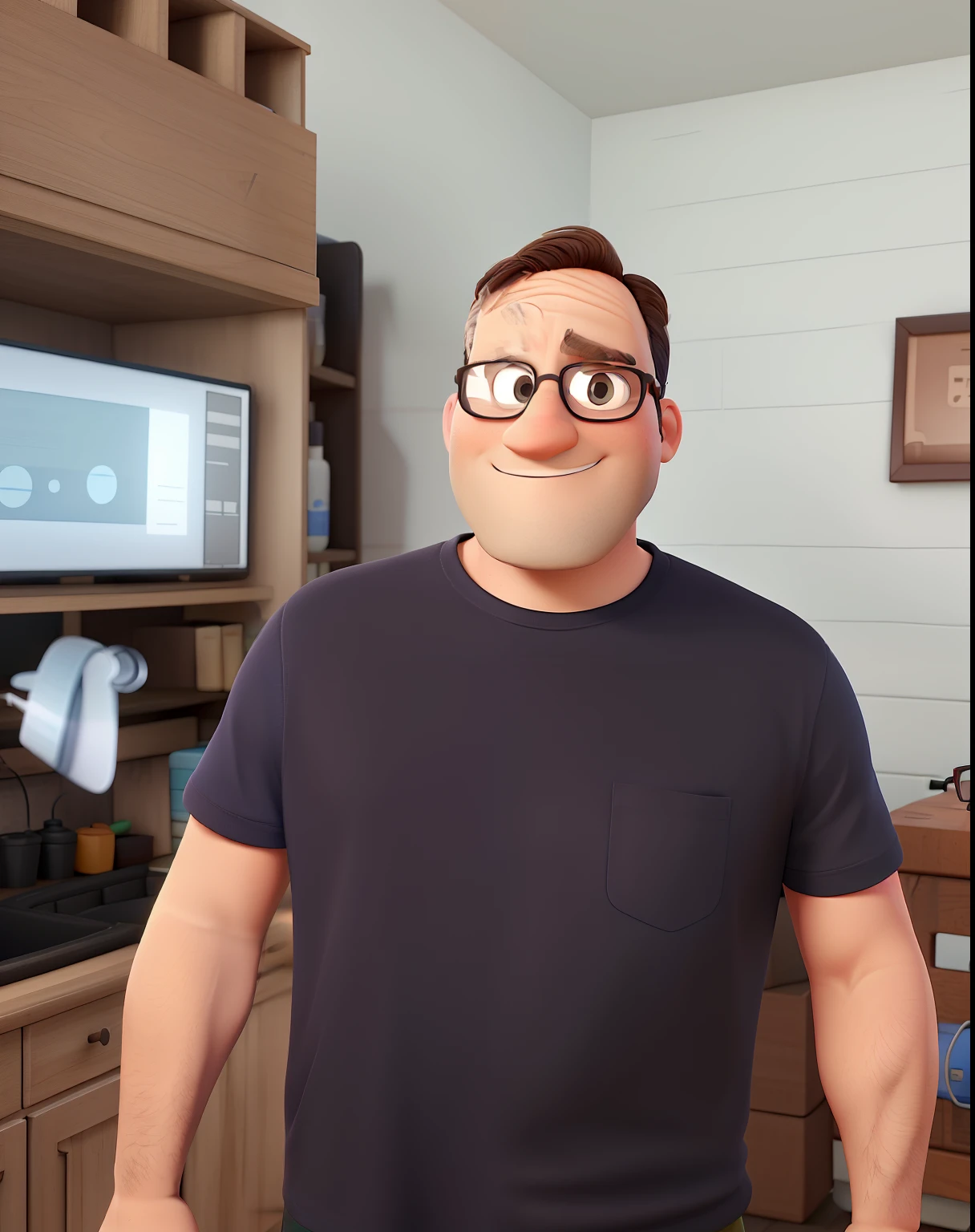 
a man, wearing glasses, in the 3D animation style of Pixar, in a scenery of a water distributor