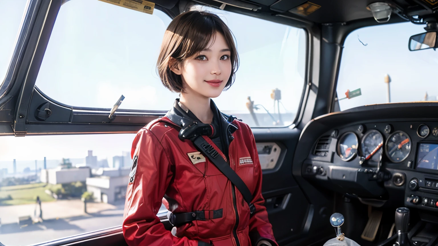 164
Shorthair,  (a 20 yo woman, standing), A hyper-realistic, gentle smile, sci-fi cool suit, (口紅),  in the cockpit of an old fashioned fighter aircraft