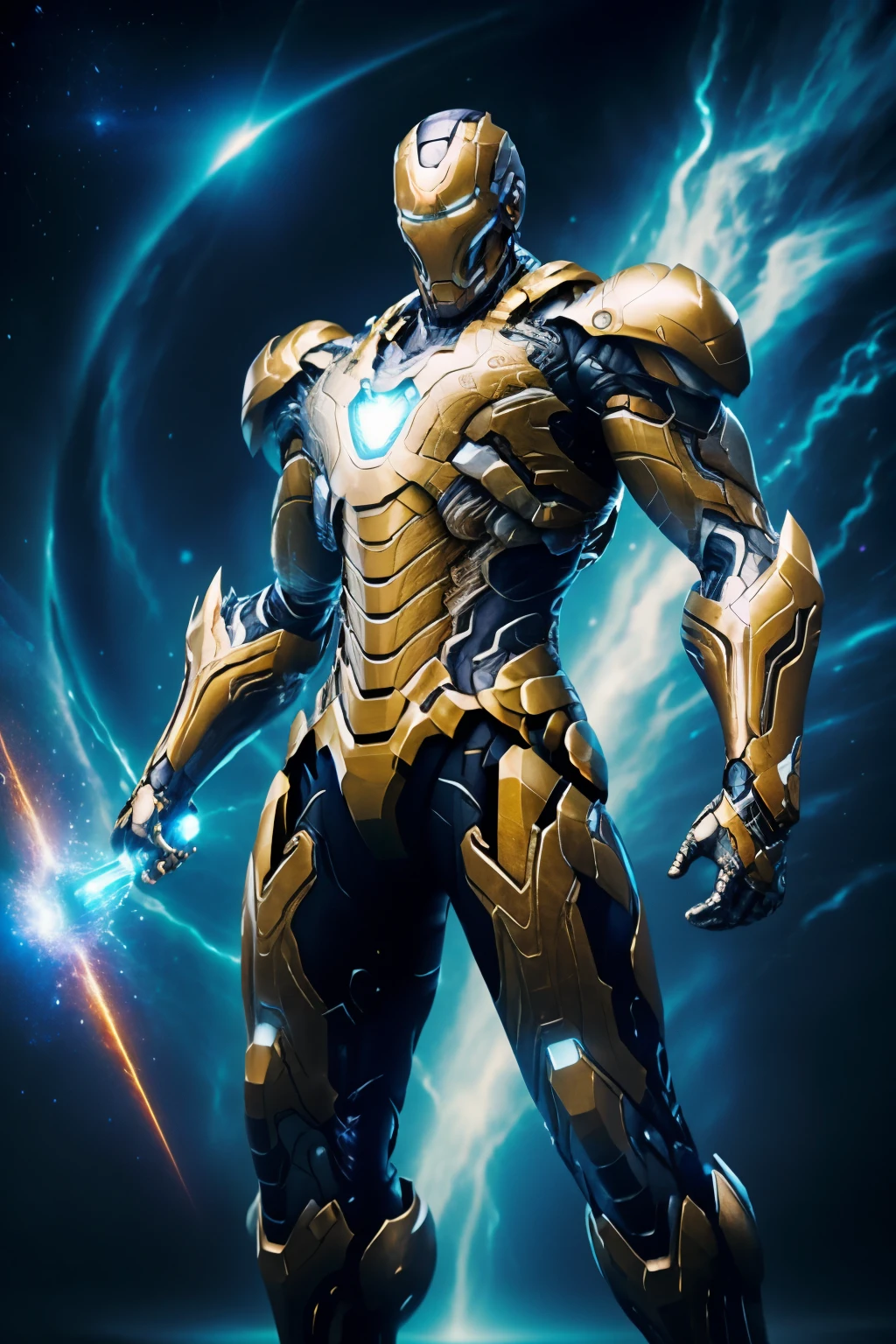 "A cosmic depiction of Iron Man, donning his iconic suit and wielding a sword adorned with an infinity stone. The scene is set amidst the vast expanse of space, with swirling galaxies and nebulae in the background. The lighting is intense, with brilliant bursts of energy emanating from the infinity stone, casting a powerful glow on Iron Man's determined expression. The intricate details of the suit and sword are meticulously rendered, showcasing the hyper-detailed artistry of the image. With his confident stance and unwavering gaze, Iron Man stands ready to face any cosmic threat that dares to challenge him."