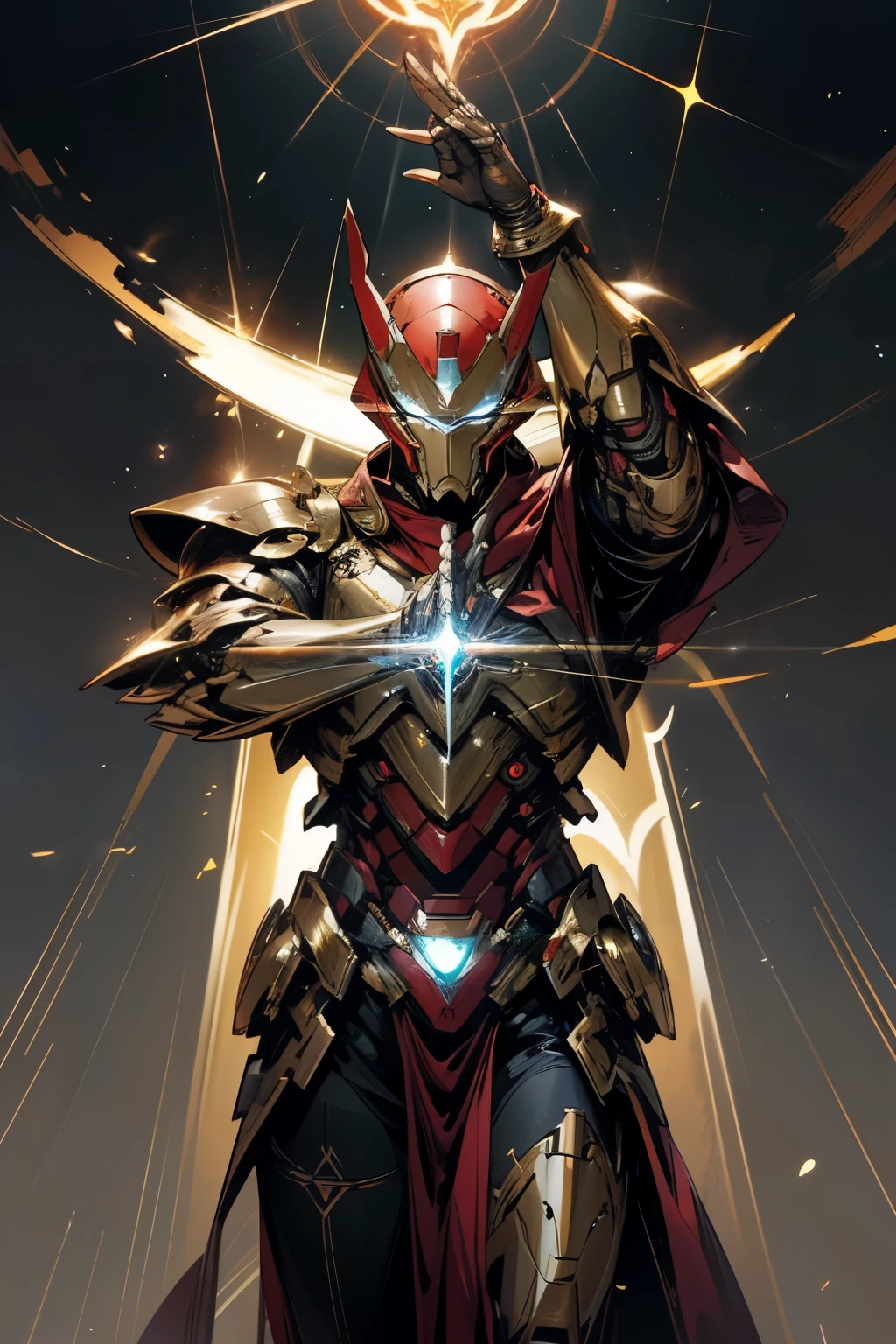 "In the realm of Dungeons and Dragons, an awe-inspiring spectacle unfolds. The Iron Man suit, emblazoned with the iconic red and gold armor, materializes before our eyes. Its creator, clad in dark clothing and a mask to conceal his identity, wields a sword of unparalleled power. The sword is imbued with the ethereal glow of an Infinity Stone, pulsating with cosmic energy. The hyper-realistic rendering of this scene evokes the essence of epic battles in a science fiction saga. The atmosphere is filled with an intriguing blend of high-tech elements and fantasy magic – a truly mesmerizing table