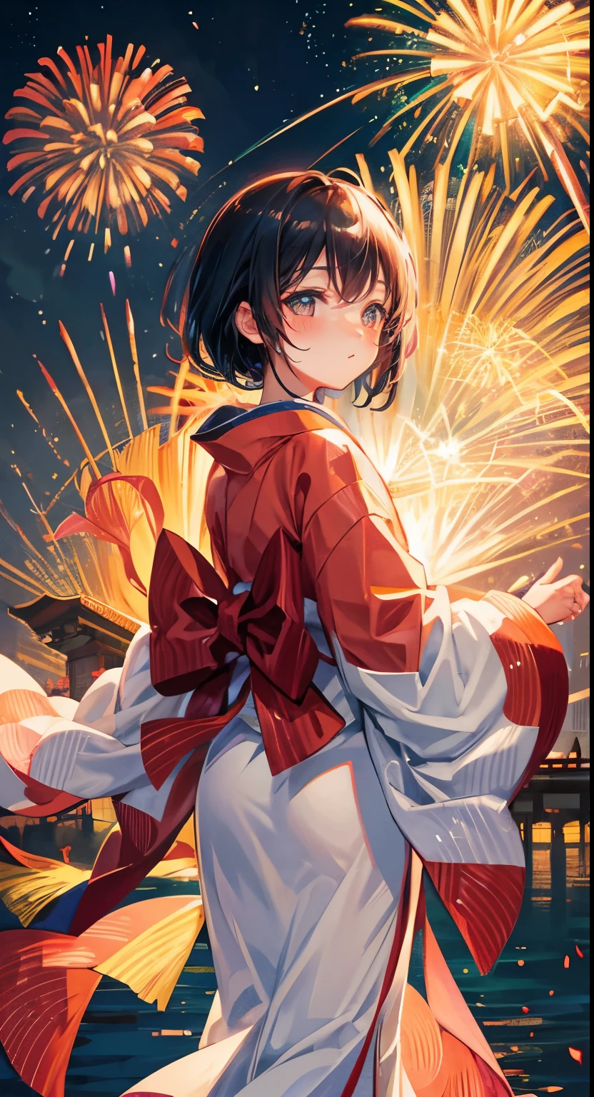 Fireworks in the background，a japanese girl，Wearing a kimono，night，Lively market，gentle smile，shy，blush，Hayao Miyazaki style，bright contrast，black hair