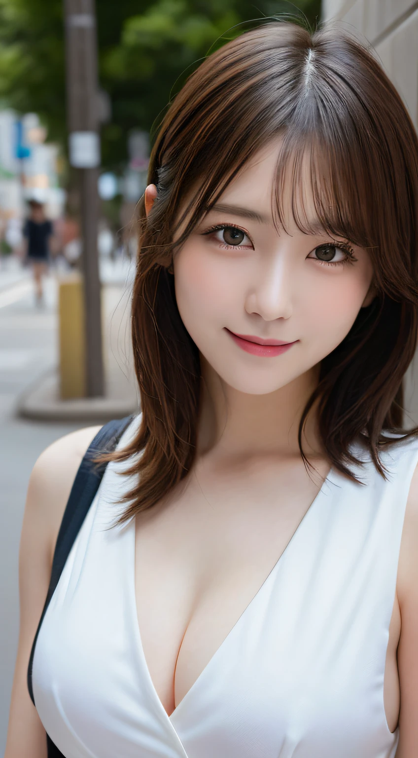 masutepiece, Best Quality, Illustration, Ultra-detailed, finely detail, hight resolution, 8K Wallpaper, Perfect dynamic composition, Beautiful detailed eyes, doress,Medium Hair, Big breasts, Natural Color Lip, Random and sexy poses,Smile,Aoyama Street Walk、20 years girl