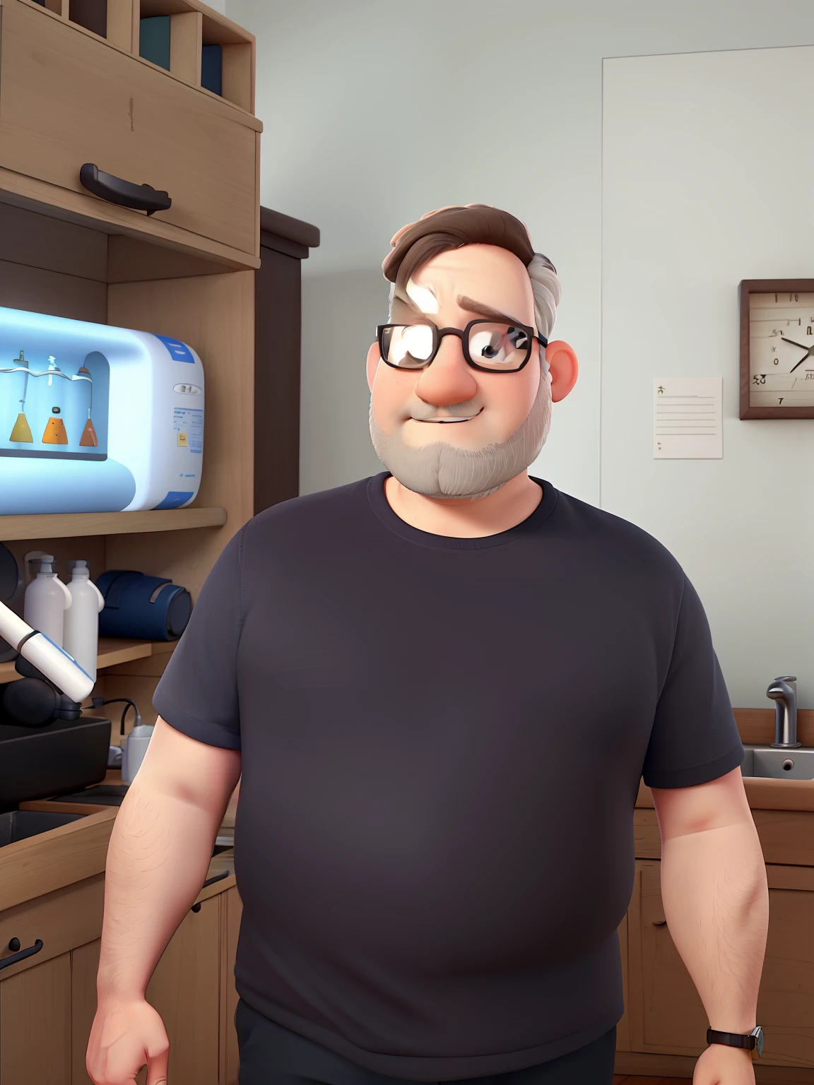 a white man, a little fat, wearing glasses, with a sparse gray beard, in the 3D animation style of Pixar, in the setting of a water distributor