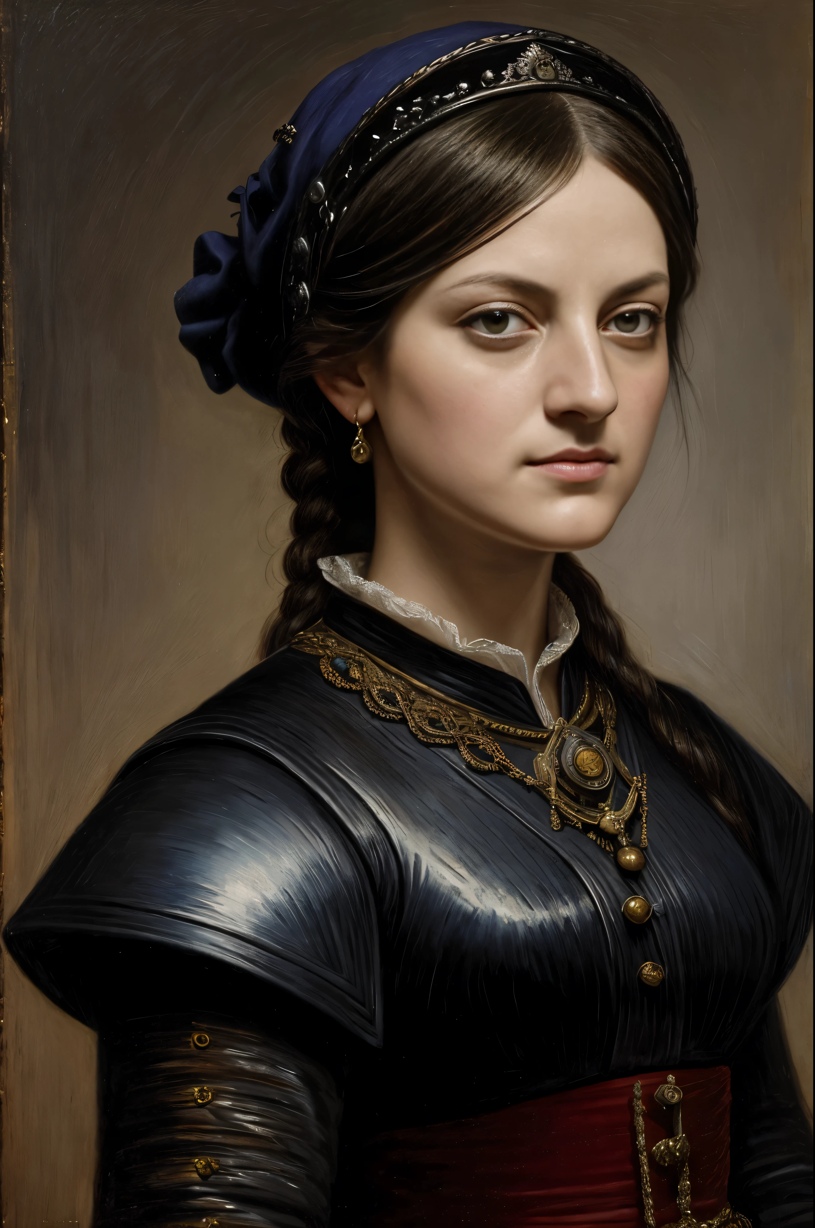 Looks like Elisabeth Moss, 45 years old Woman, thick attractive figure, A Spanish soldier in a conquistador outfit stands proudly, her slender frame almost gaunt beneath the medieval aesthetics of the day. With shoulder-length black hair cascading down her back, she wields a sword and shield while a sinister smile plays on her lips. Her piercing purple eyes reveal a depth of field that is both sharp and highly detailed, capturing the intricate details of her sharp facial features. With sunken eyes and a scar over her left cheek, she eschews a helmet or hat, allowing her jet black hair to frame her face in baroque style. Her rage is palpable in her angry, ragged eyes as if ready for battle. This detailed oil painting, infused with Glazing, Tenebrism, and scumbling techniques, recalls the masterpieces of Rembrandt and Artemisia Gentileschi.