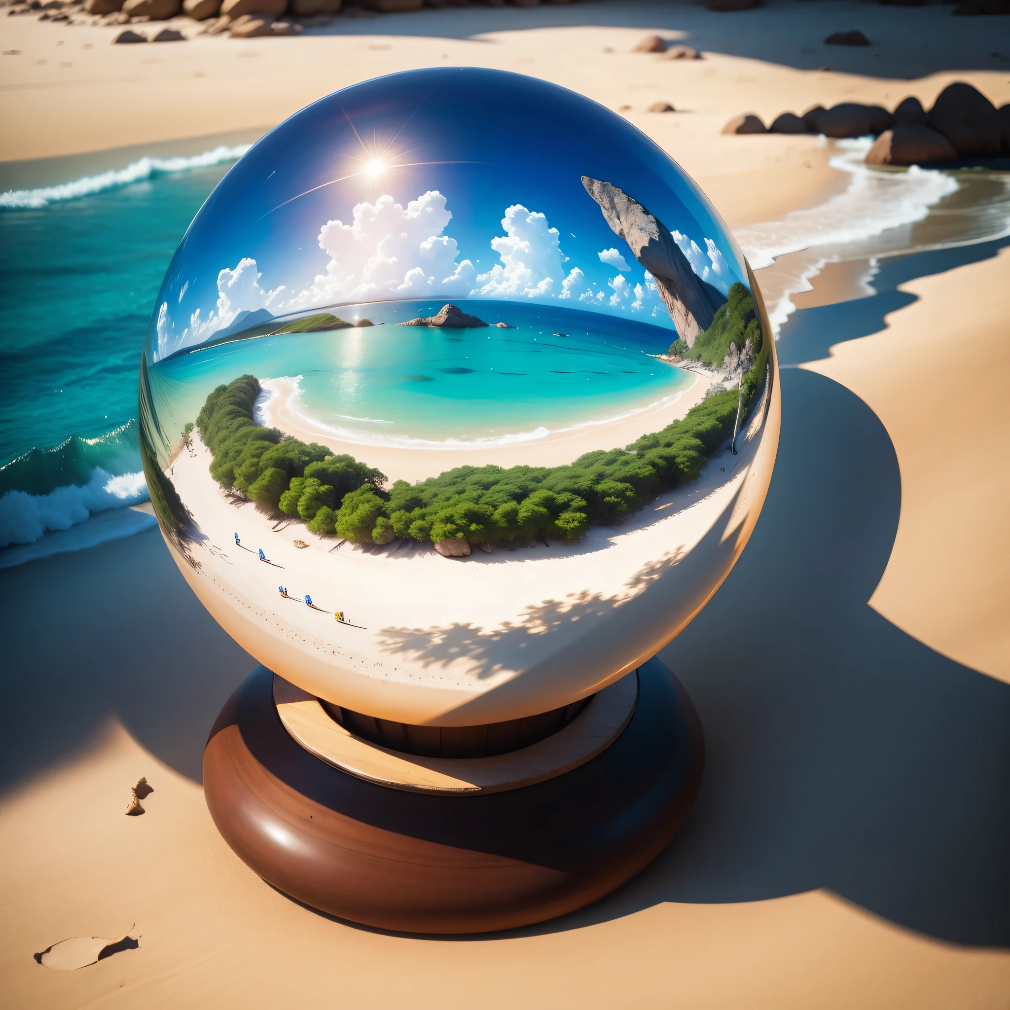 Huge crystal ball on the beach,In the middle of the ball is a beautiful tropical island