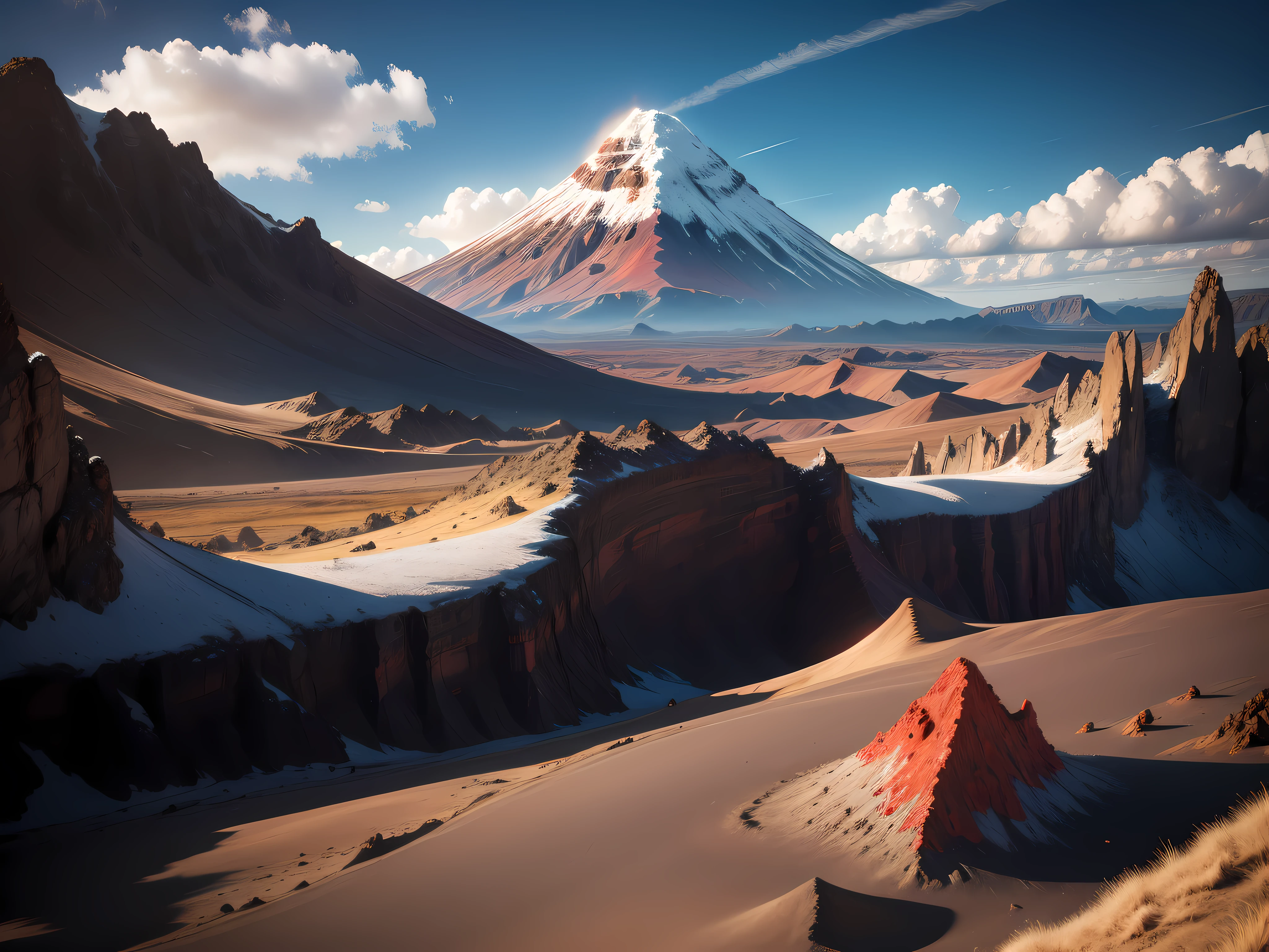 Volcanic Marvel: A dormant volcano's peak touches the sky, overlooking a landscape of rugged beauty and dramatic contrasts.
