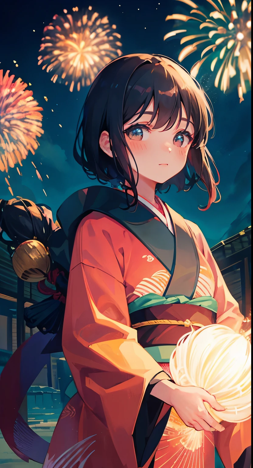 Fireworks in the background,a japanese girl,Wearing a kimono,night,Lively market,gentle smile,shy,blush,Hayao Miyazaki style,bright contrast,black hair,backlight,