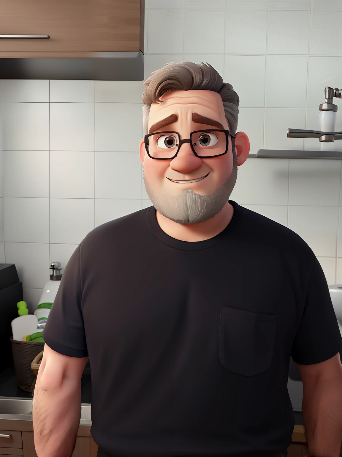 
 a white man, a little fat, with very shor hair, a sparse gray beard, wearing glasses, full body, in the Pixar 3D animation style, in the setting of a water distributor