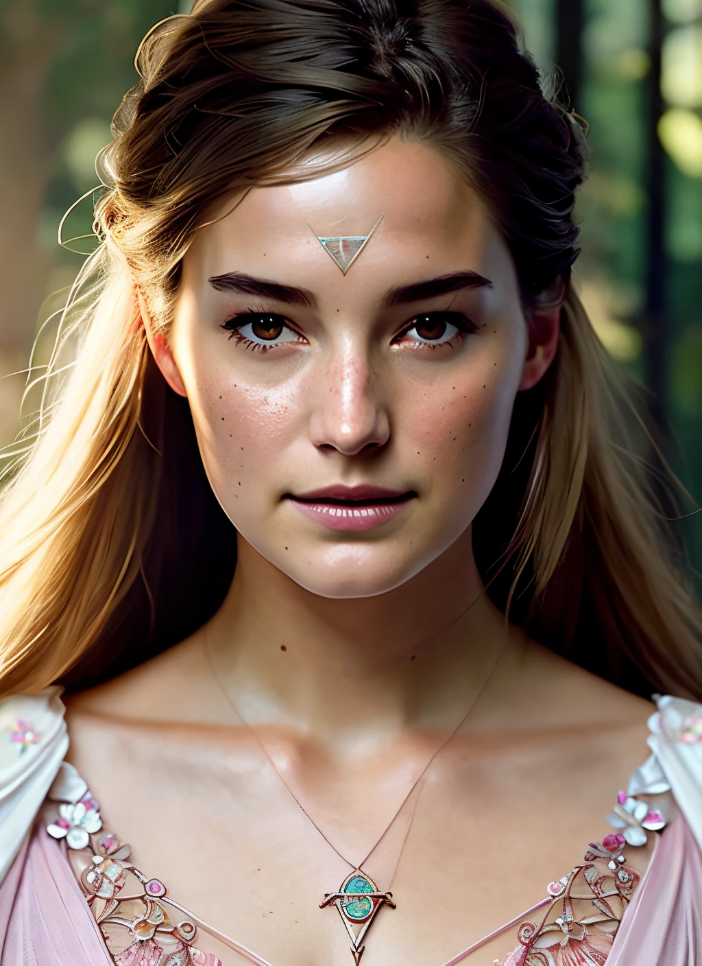 Looks like Shailene Woodley, (symmetry:1.1) (portrait of floral:1.05) a woman as a beautiful goddess, (assassins creed style:0.8), pink and gold and opal color scheme, beautiful intricate filegrid facepaint, intricate, elegant, highly detailed, digital painting, artstation, concept art, smooth, sharp focus, illustration, art by greg rutkowski and alphonse mucha, 8k
