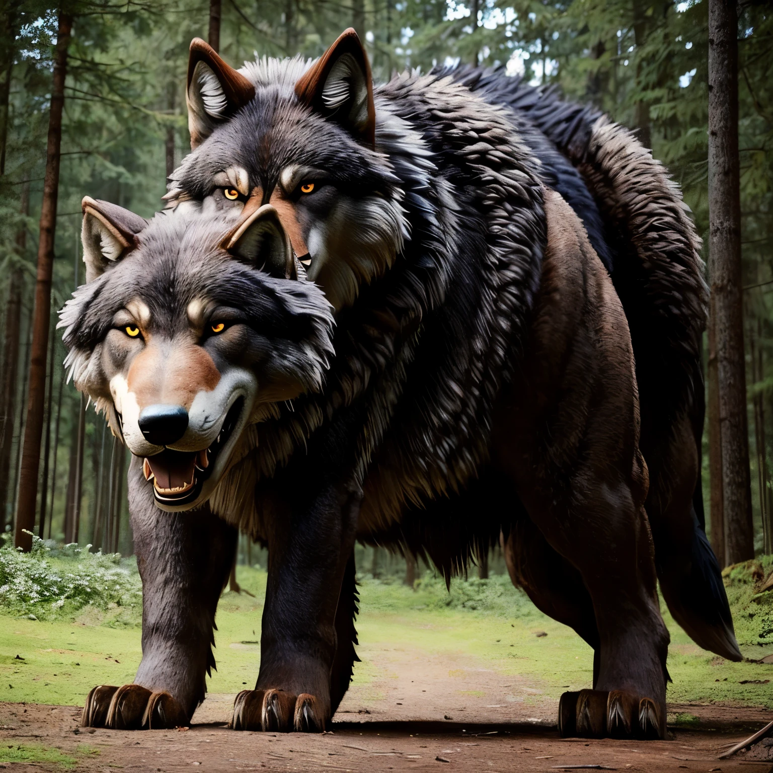 A monstrous giant wolf as if it were a Chinese god coming out of the forest 