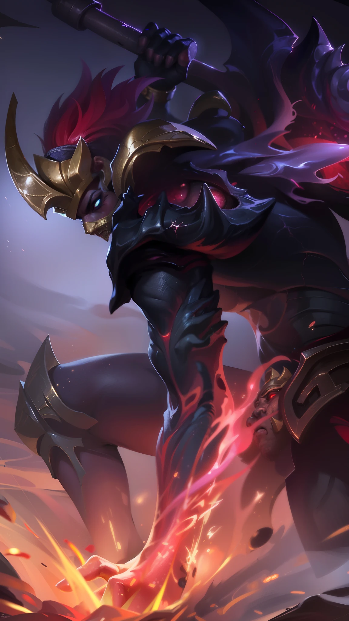 masculine male, masterpiece, ((perfect eyes)) best quality, (semirealism:1.9), beautiful lighting, (extremely detailed CG unity 4k fhd wallpaper), High Detail, Sharp focus, dramatic outdoors, white short hair, Boy with two big horns, big earrings on ears, elf ear, red eyes, Thick eyebrows, evil smile, grinning, red body, black face, Burning skin, yellow diamonds glistening on chest, burning red skin, golden robe behind, big white belt, 8k, realistic, scary, strong red eye glow (red eye:1.2).