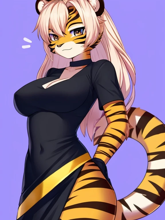 una tigre rubia con vestido mas ajustado de trabajo negro y curvas