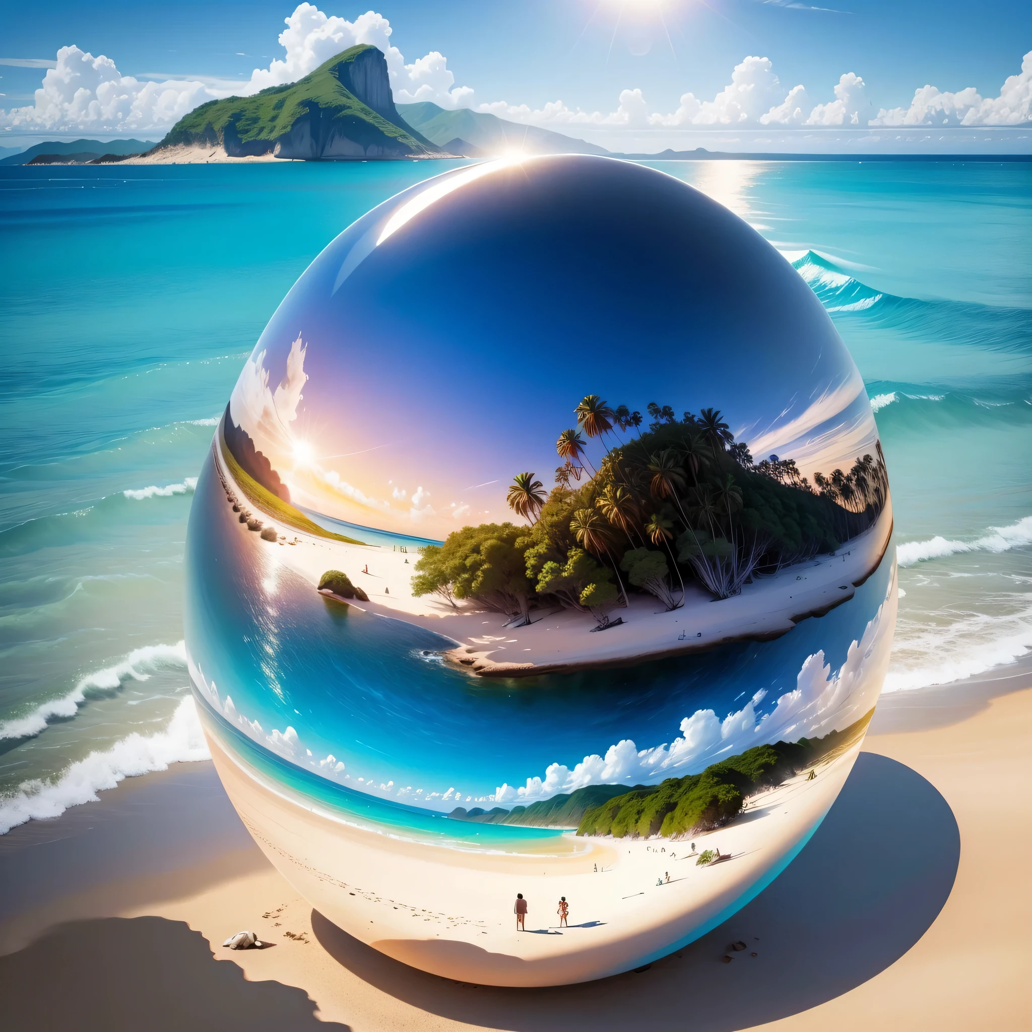 Huge crystal ball on the beach,In the middle of the ball is a beautiful tropical island,32k