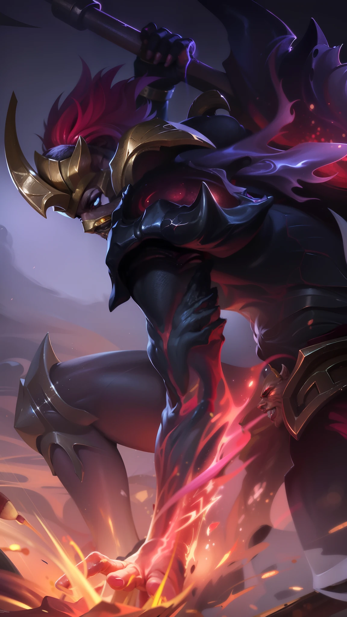 masculine male, masterpiece, ((perfect eyes)) best quality, (semirealism:1.9), beautiful lighting, (extremely detailed CG unity 4k fhd wallpaper), High Detail, Sharp focus, dramatic outdoors, white short hair, Boy with two big horns, big earrings on ears, elf ear, red eyes, Thick eyebrows, evil smile, grinning, red body, black face, Burning skin, yellow diamonds glistening on chest, burning red skin, golden robe behind, big white belt, 8k, realistic, scary, strong red eye glow (red eye:1.2).