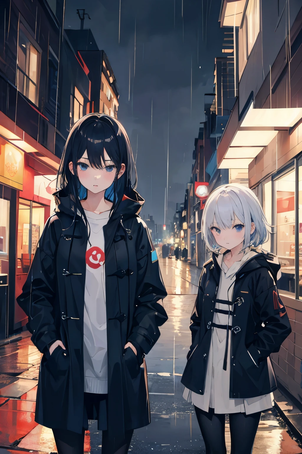 (Masterpiece),2girl,night city,rain,coat,hands in pockets