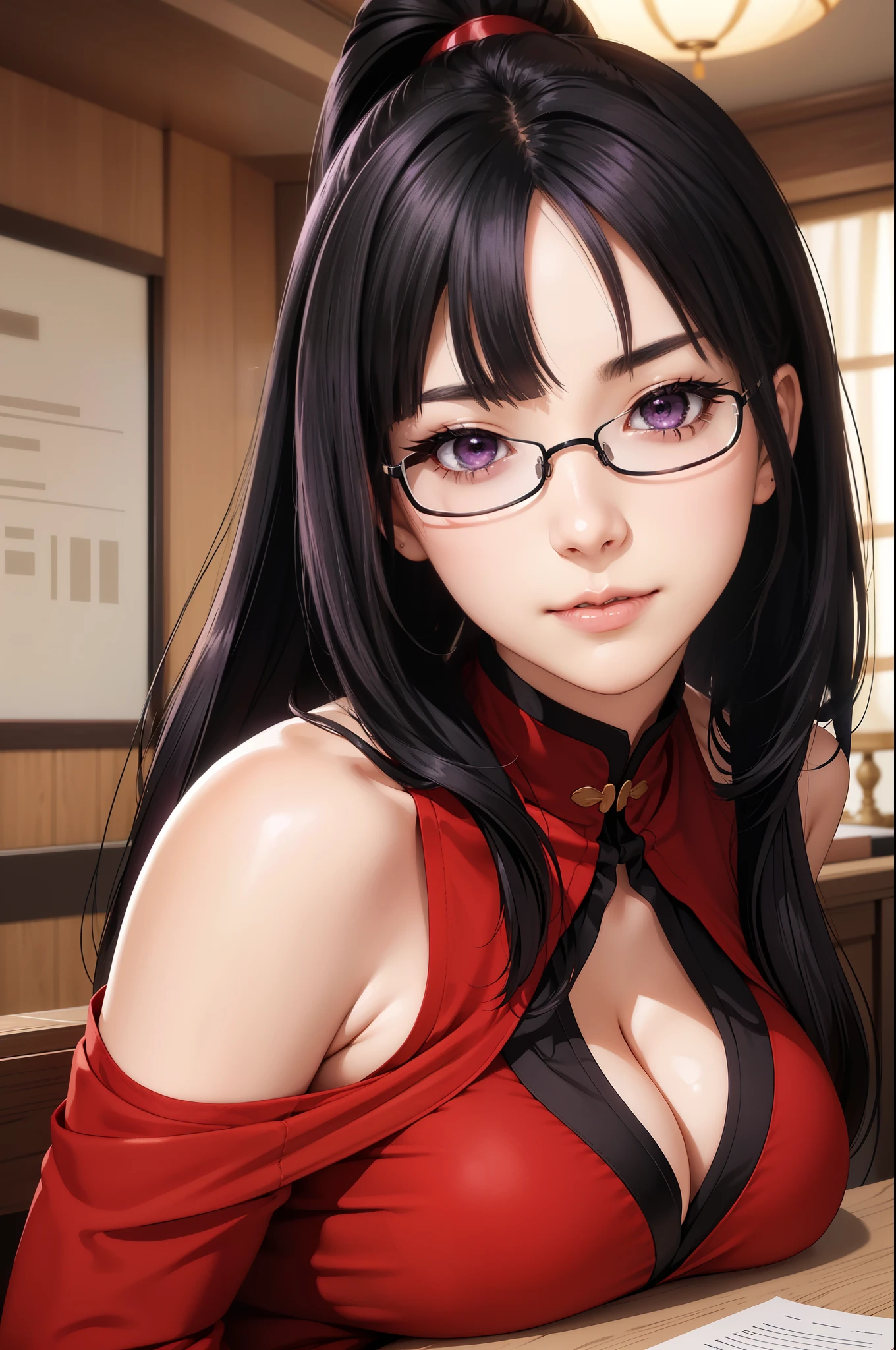 in the bathroom, red dress, Chinese service, chestの谷間カットアウト, cutouts of clothes, bare shoulders, semi-rimless eyewear, black hair, very long hair, ponytail,bangs,purple eyes, 1 girl, 20-year-old,infp young woman,beautiful Finger,beautiful long legs,beautiful body, beautiful nose,beautiful character design, perfect eyes, 完璧なface,expressive eyes, perfect balance, looking at the viewer,(彼女のfaceに焦点を当ててください), official art,Highly detailed CG Unity 8k wallpaper, Perfect lit,colorful, bright_front_face_lit,white skin, (table top:1.0),(Highest_quality:1.0), Super high resolution,4k,super detailed, photograph, 8k, nffsw, High resolution, absurd:1.2, kodak portrait 400, film grain, blurred background, Bokeh:1.2, Lens flare, (lively_color:1.2),プロのphotograph, (beautiful,Huge_chest:1.4), (beautiful_face:1.5),(narrow_waist),semi-rimless eyewear, black hair, very long hair, ponytail,bangs,purple eyes,