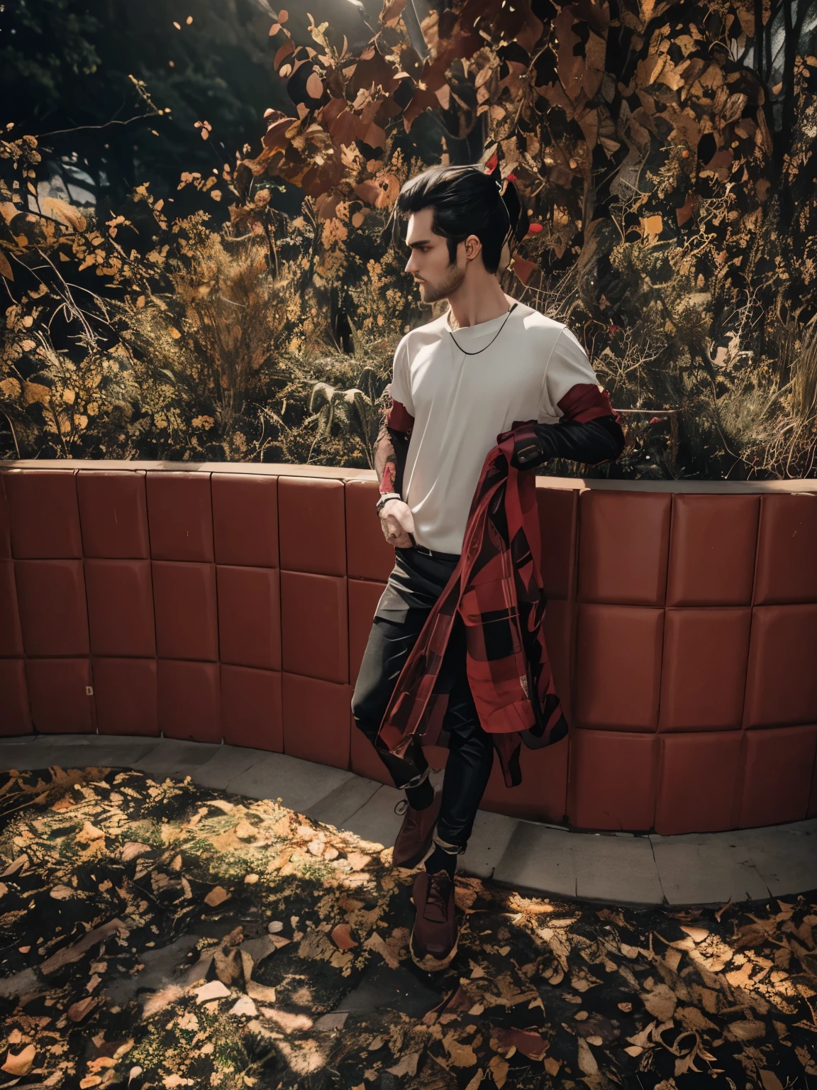 a handsome 22 years old male vampire hunter with ponytail black hair with short beard, pale skin, serious looking, wearing a red and black casual outfit and black pants, waist up shot, dynamic pose, ambient lighting, photo realism, intricate face detail, intricate hand details, highly detailed, vibrant colors, cinematic, high definition, trending on Artstation-style raw