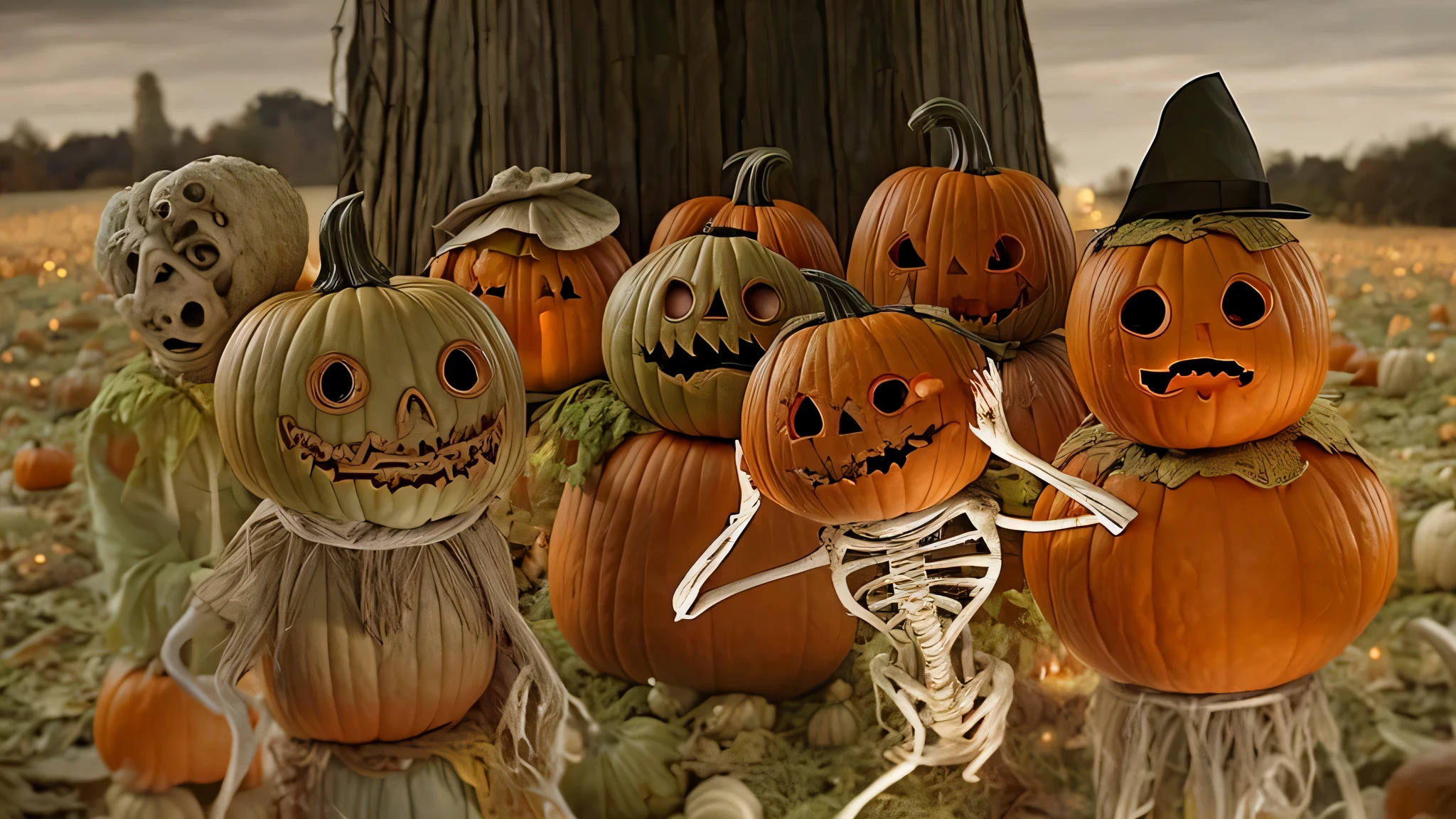 group of pumkins mosnters with creepy looking, 8k, perfect realistic mosnters, real life monsters