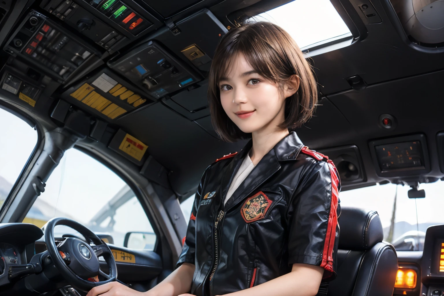 164
Shorthair, (a 20 yo woman, standing), A hyper-realistic, gentle smile, sci-fi cool suit, (口紅), in the cockpit of an old fashioned fighter aircraft