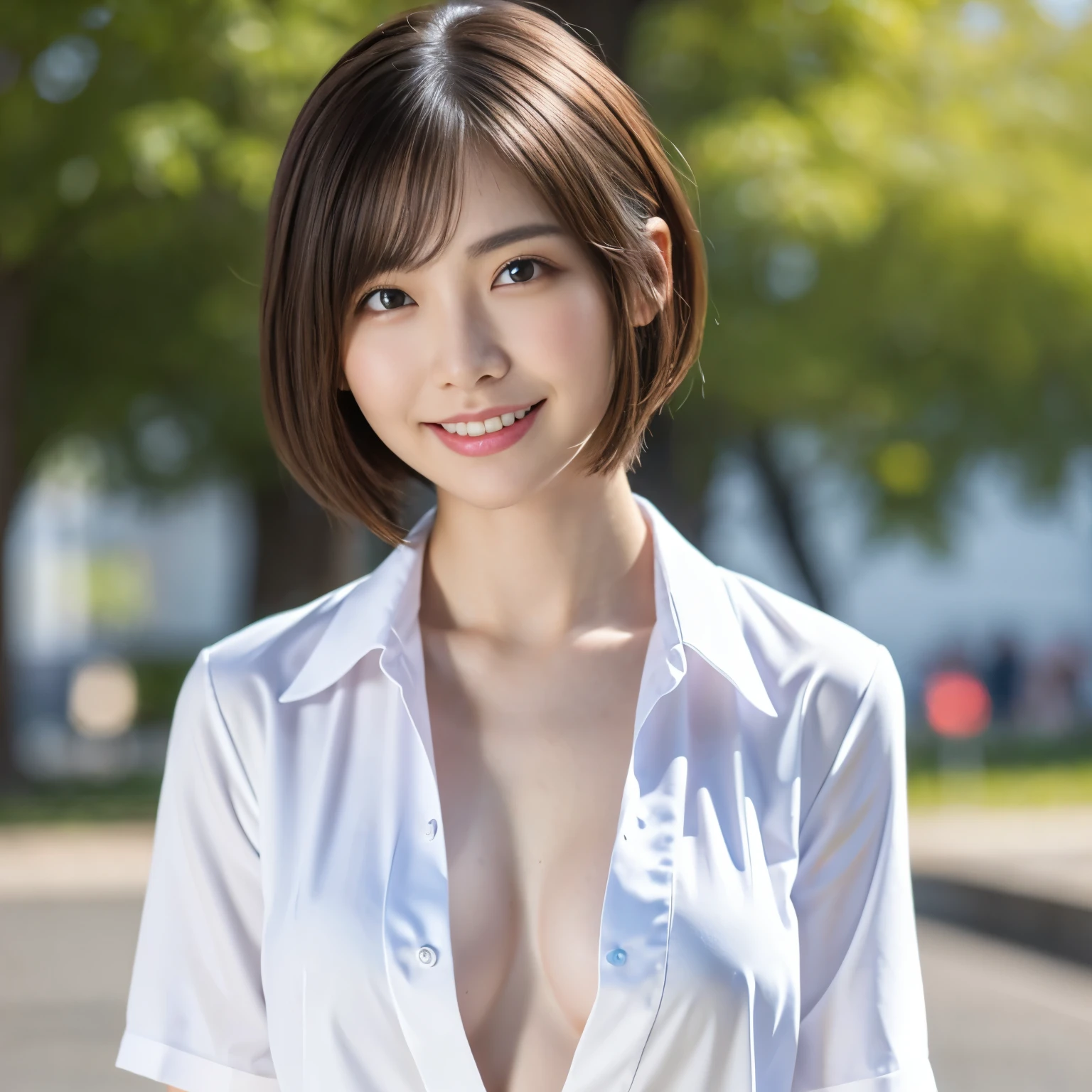 (highest quality、table top、8k、best image quality、Award-winning work)、One cute high school girl、alone、perfect beautiful composition、(Uniform shirt with full chest opening:1.1)、(unbutton your shirt、fully exposes small naked breasts:1.5)、(very short hair:1.1)、slender body、(A shy smile looks at me:1.1)、(strongly blurred park background:1.1)、natural makeup、Ultra high definition beauty face、ultra high definition hair、Super high-definition sparkling eyes、(Pure white skin that shines with ultra-high resolution:1.1)、Super high resolution glossy lips、accurate anatomy、ultra high definition hair、(very bright:1.1)