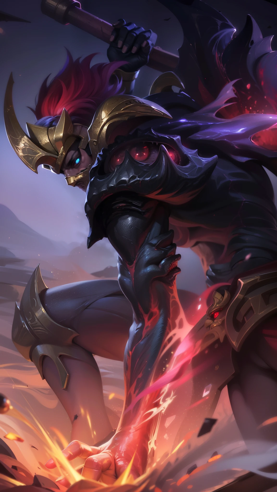masculine male, masterpiece, ((perfect eyes)) best quality, (semirealism:1.9), beautiful lighting, (extremely detailed CG unity 4k fhd wallpaper), High Detail, Sharp focus, dramatic outdoors, white short hair, Boy with two big horns, big earrings on ears, elf ear, red eyes, Thick eyebrows, evil smile, grinning, red body, black face, Burning skin, yellow diamonds glistening on chest, burning red skin, golden robe behind, big white belt, 8k, realistic, scary, strong red eye glow (red eye:1.2).