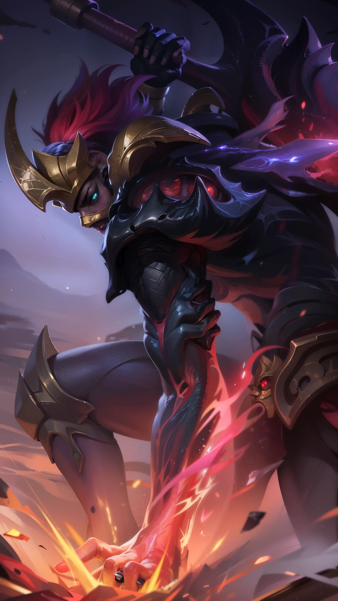 masculine male, masterpiece, ((perfect eyes)) best quality, (semirealism:1.9), beautiful lighting, (extremely detailed CG unity 4k fhd wallpaper), High Detail, Sharp focus, dramatic outdoors, white short hair, Boy with two big horns, big earrings on ears, elf ear, red eyes, Thick eyebrows, evil smile, grinning, red body, black face, Burning skin, yellow diamonds glistening on chest, burning red skin, golden robe behind, big white belt, 8k, realistic, scary, strong red eye glow (red eye:1.2).