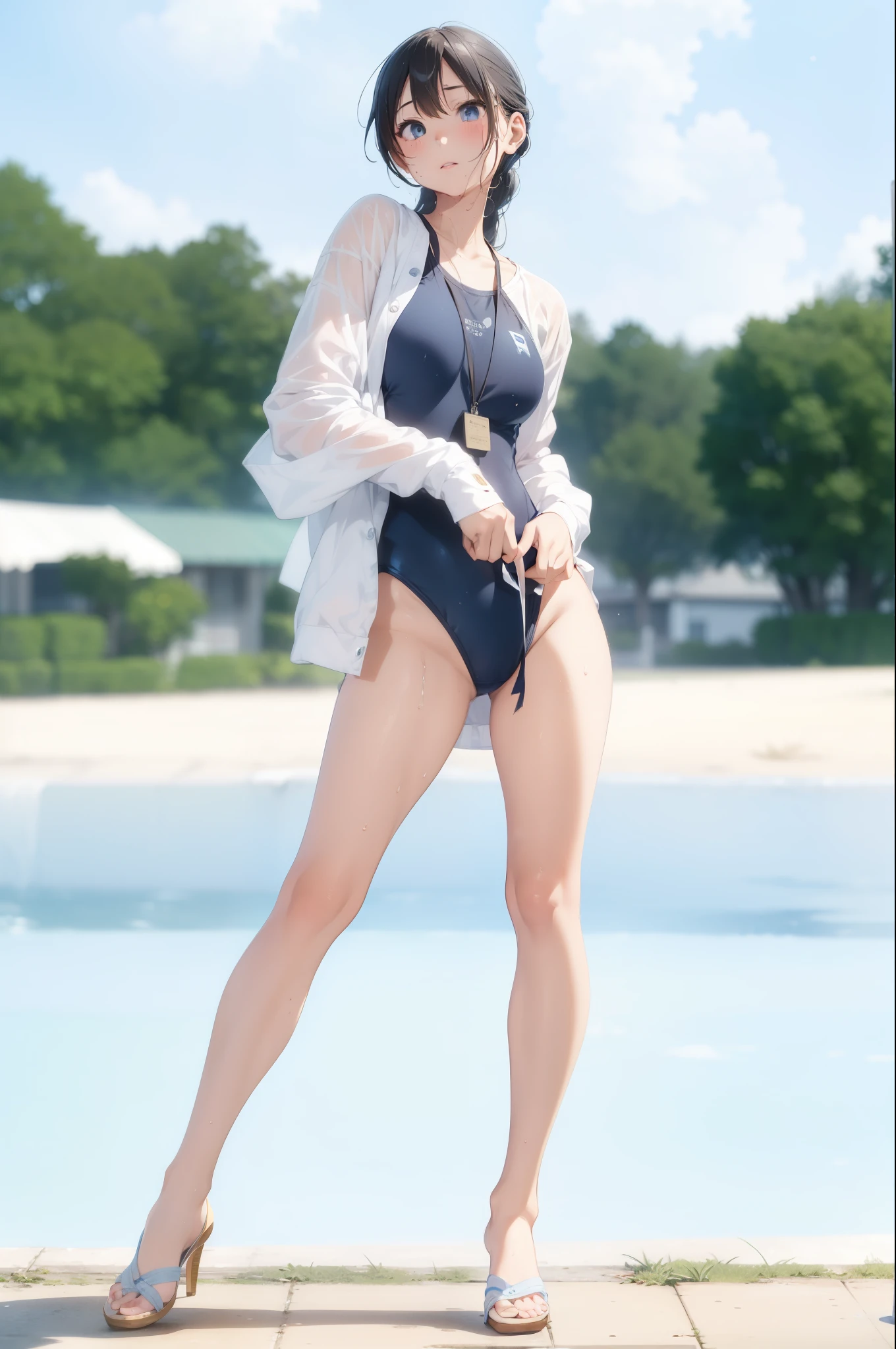 ((highest quality))、((masterpiece))、with a girl、formal up、blonde、blue eyes、gal、Beautifully detailed eyes and face、beautiful skin、realistic、very cute、18-year-old、school swimwear(dark blue color、simple design、matte texture、wrinkles、Wet、polyester material、shading、)Wet body、anime face、beautiful woman、facing the front、Big eyes(beautiful feces、anime face、clear eyes、small details、beautiful eyes)well-groomed face(beautiful nose、confused、sharp mouth)full of sweat、grass、Wet feeling、With background(clear sky、Take-out)、8K quality、perfect proportions、Slender、blush、female focus, hair ornaments,hair length, look at the audience,Pissing、Peeing、Pee、get wet