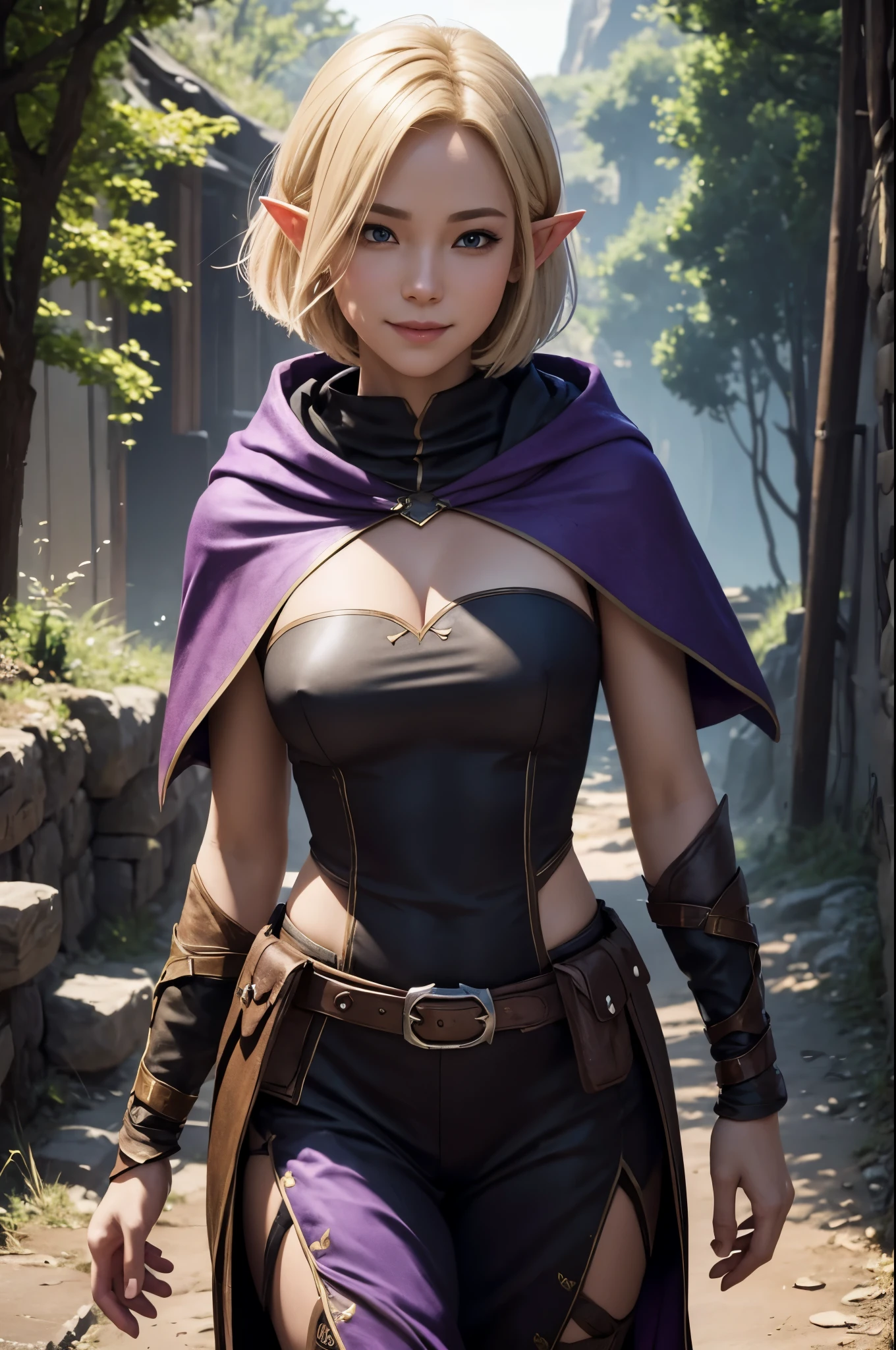 8k,Smiling blonde short bob hair,super beautiful(like the real thing),elf ears,An Arafe woman wearing a brown cloak is walking., super detailed Fantasy characterss, 3d rendering character art 8k, types of bacteria ; 3d unreal engine, fantasy costume, 4 k detail fantasy, 2. 5d cgi anime fantasy artwork, Fantasy characters, gorgeous purple and black pants, seductive woman, 素晴らしいcharacter art,masterpiece,Photorealistic RAW photos of the highest quality。bright colors,rich colors, Backlight, cinematic lighting, film grain, to be born, 50mm lens, Nikon D850,realistic skin,fantasy art,character art,ultra high resolution,realistic skin,wilderness,small breasts,road with dust,Adventurer's Costume,Carrying a large bag on your back,walk with half your face covered,hide your face,sharp gaze,