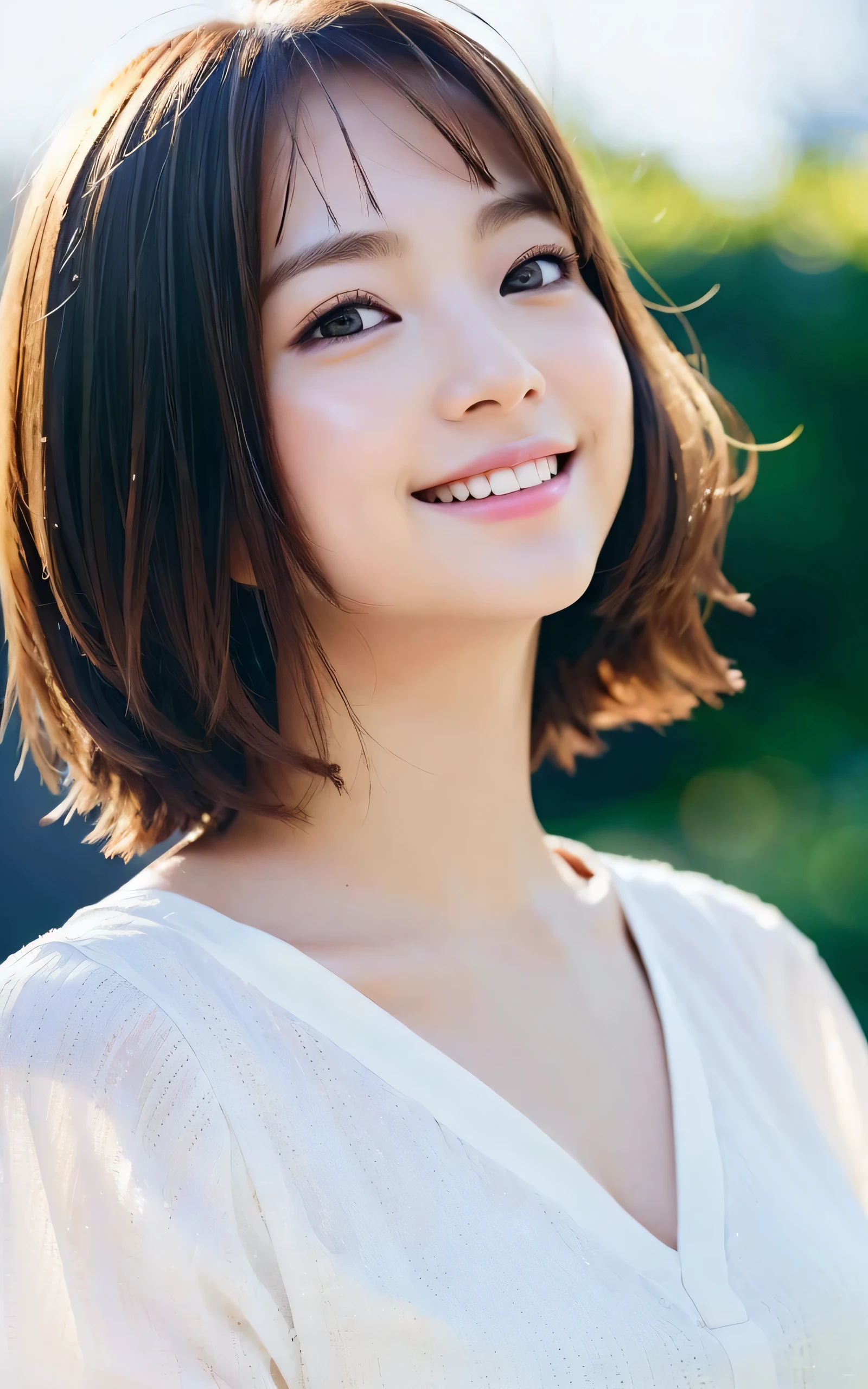 photo-realistic, surreal, cinematic lighting, 32K, 1 girl, look up, Backlight, (bright light:1.2), (Improvement of quality:1.4), (Highest quality realistic textured skin:1.4), detailed eyes, detailed face, shy smile, close up of face, short hair, blouse, (Enhances the beauty of skin texture:1.1), matte texture