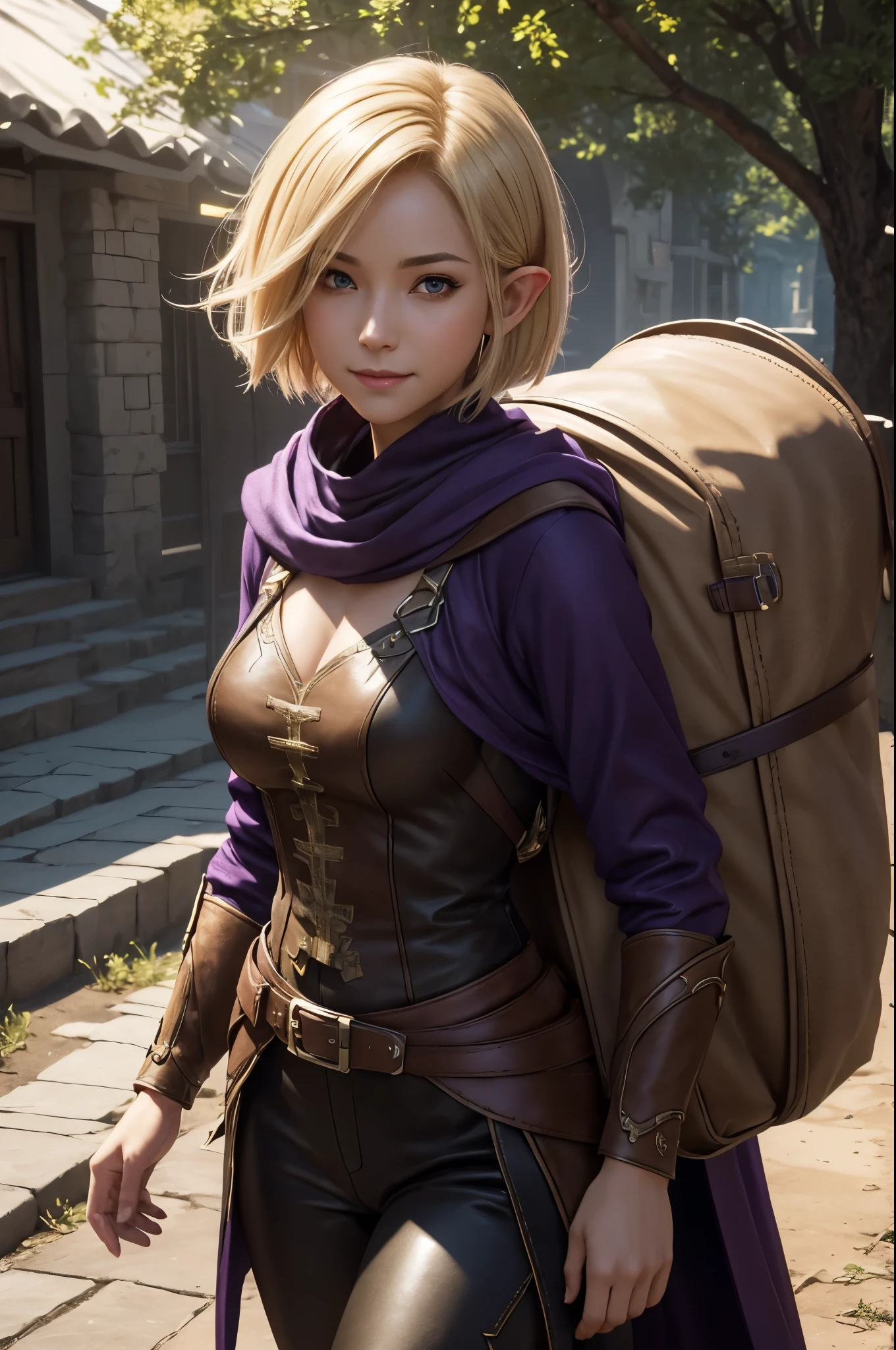 8k,Smiling blonde short bob hair,super beautiful(like the real thing),elf ears,An Arafe woman wearing a brown cloak is walking., super detailed Fantasy characterss, 3d rendering character art 8k, types of bacteria ; 3d unreal engine, fantasy costume, 4 k detail fantasy, 2. 5d cgi anime fantasy artwork, Fantasy characters, gorgeous purple and black pants, seductive woman, 素晴らしいcharacter art,masterpiece,Photorealistic RAW photos of the highest quality。bright colors,rich colors, Backlight, cinematic lighting, film grain, to be born, 50mm lens, Nikon D850,realistic skin,fantasy art,character art,ultra high resolution,realistic skin,wilderness,small breasts,road with dust,Adventurer's Costume,Carrying a large bag on your back,walk with half your face covered,hide your face,sharp gaze,