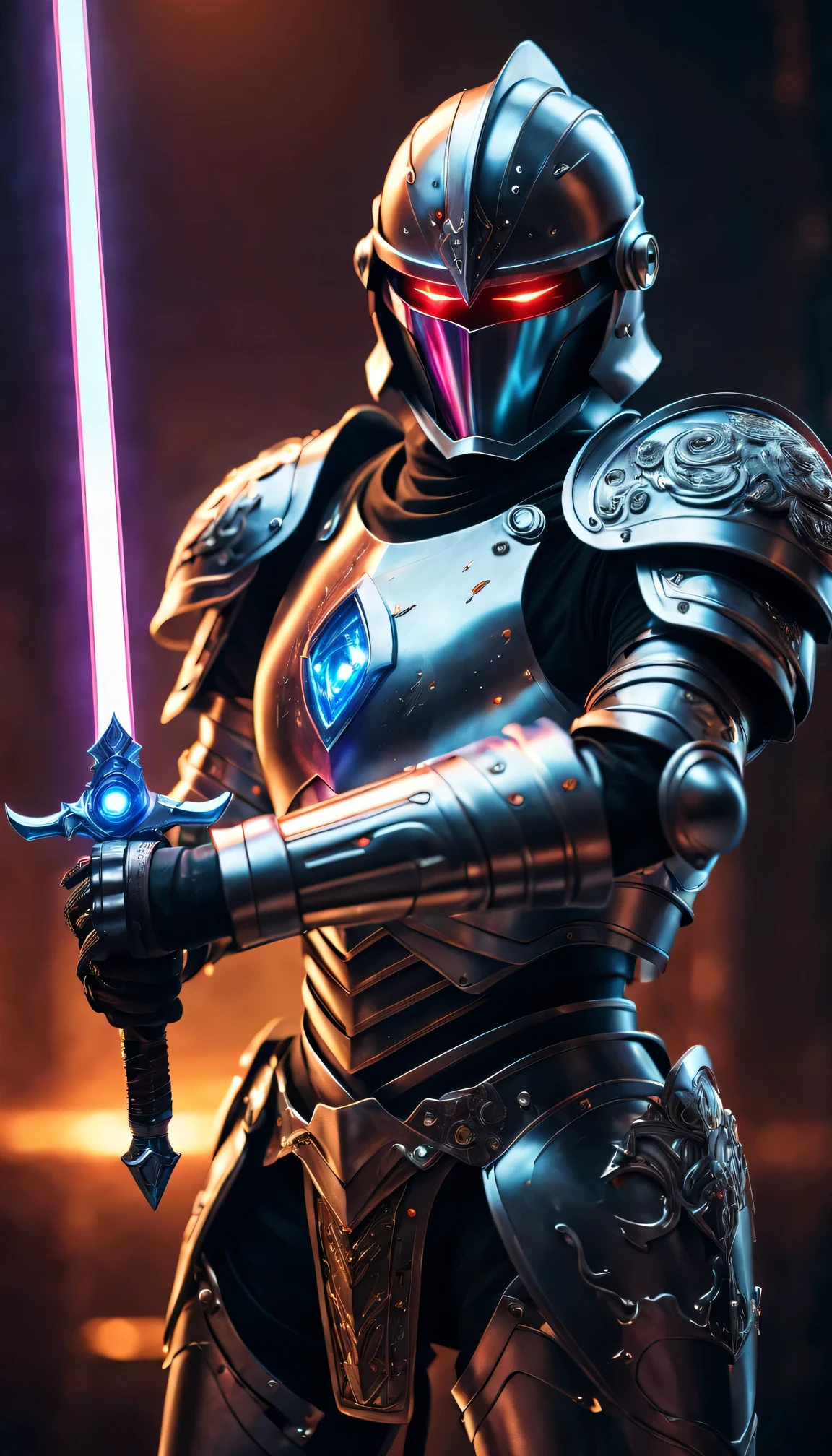 (Jewel Knight, robot, In a magical world),(3d rendering, digital artwork, With a laser sword),(bright shining eyes, Metal body armor),(best quality,Super detailed,lifelike:1.37),high dynamic range,studio lighting,bright colors,sharp focus,(fear,fantasy) style,(dark,Gritty) tone, dramatic lighting