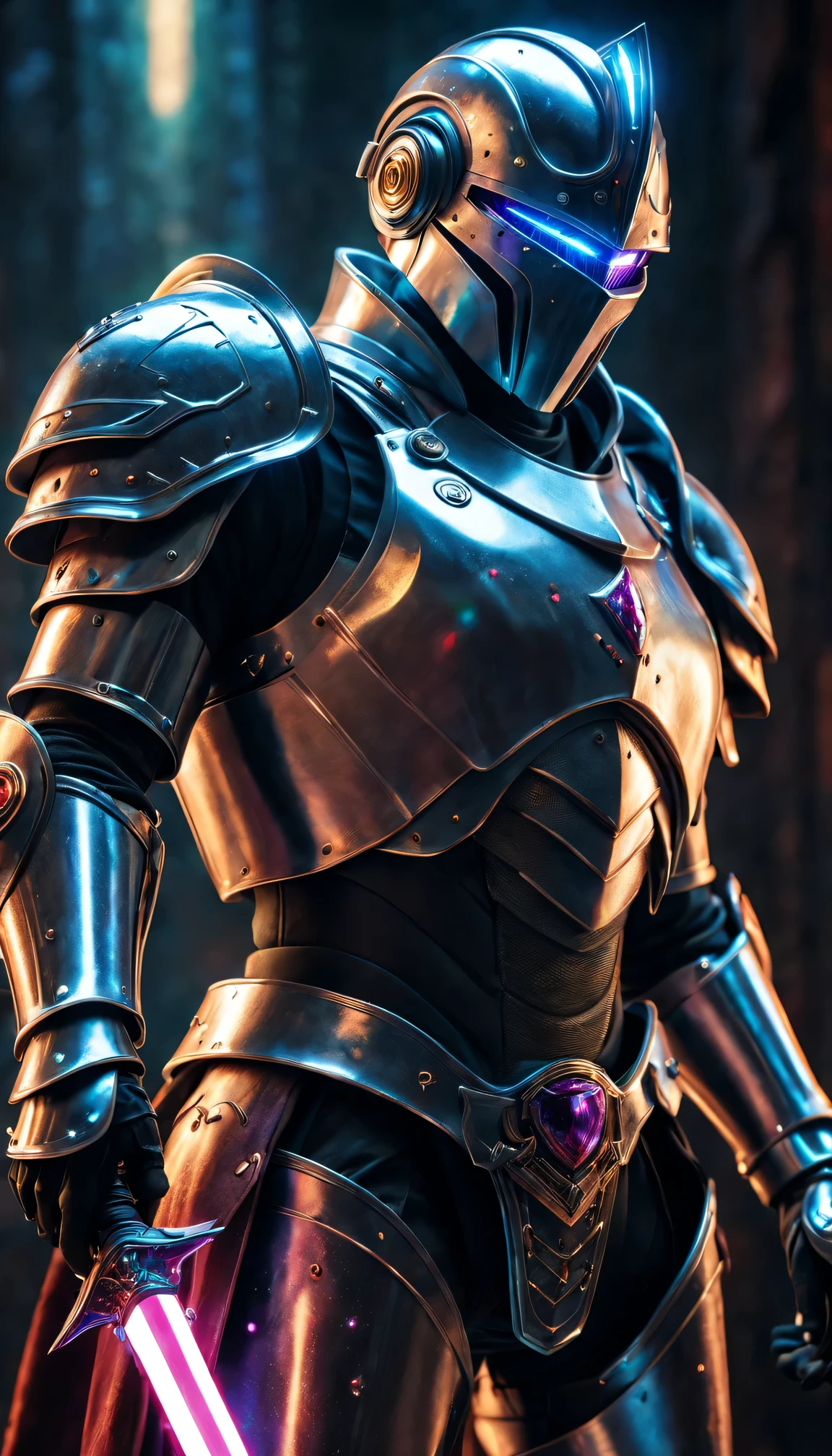 (Jewel Knight, robot, In a magical world),(3d rendering, digital artwork, With a laser sword),(bright shining eyes, Metal body armor),(best quality,Super detailed,lifelike:1.37),high dynamic range,studio lighting,bright colors,sharp focus,(fear,fantasy) style,(dark,Gritty) tone, dramatic lighting