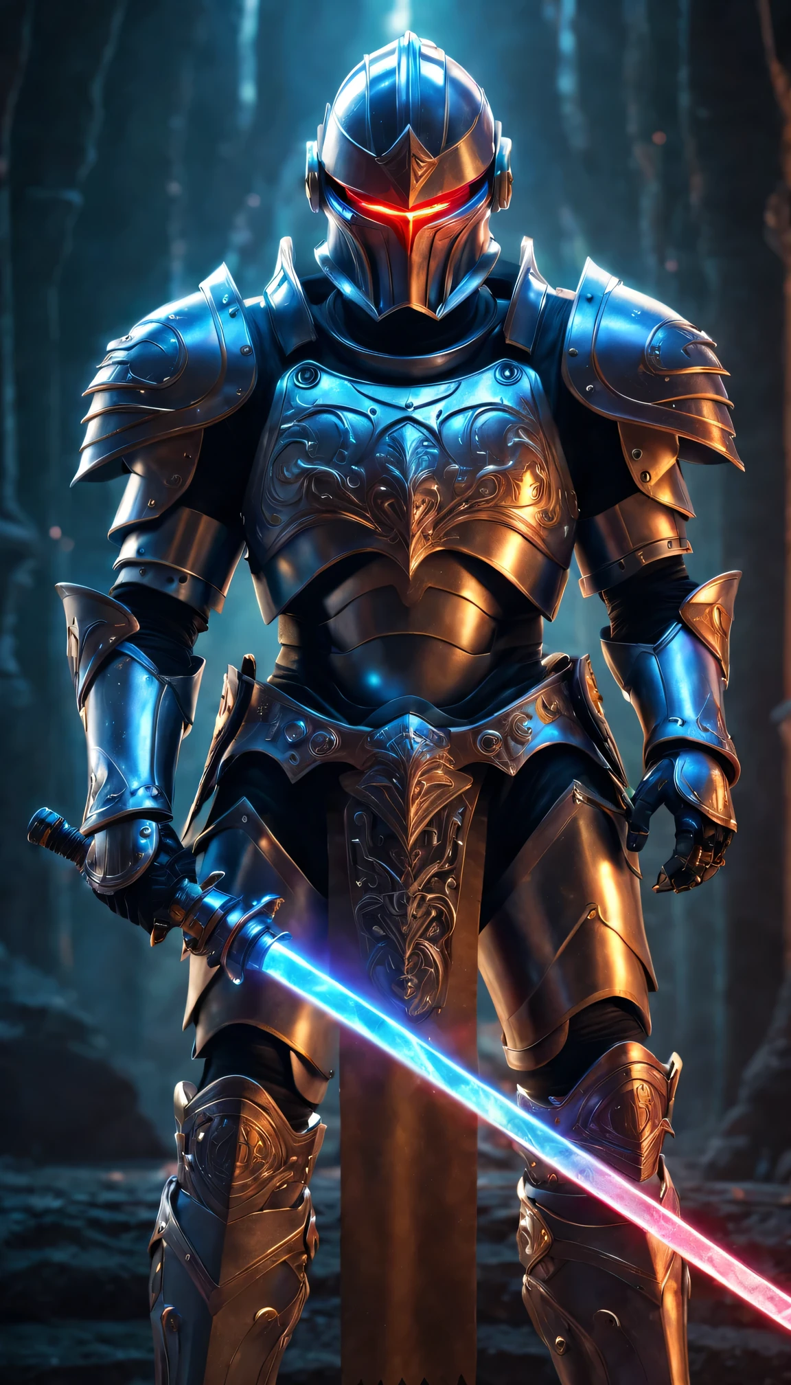 (Jewel Knight, robot, In a magical world),(3d rendering, digital artwork, With a laser sword),(bright shining eyes, Metal body armor),(best quality,Super detailed,lifelike:1.37),high dynamic range,studio lighting,bright colors,sharp focus,(fear,fantasy) style,(dark,Gritty) tone, dramatic lighting