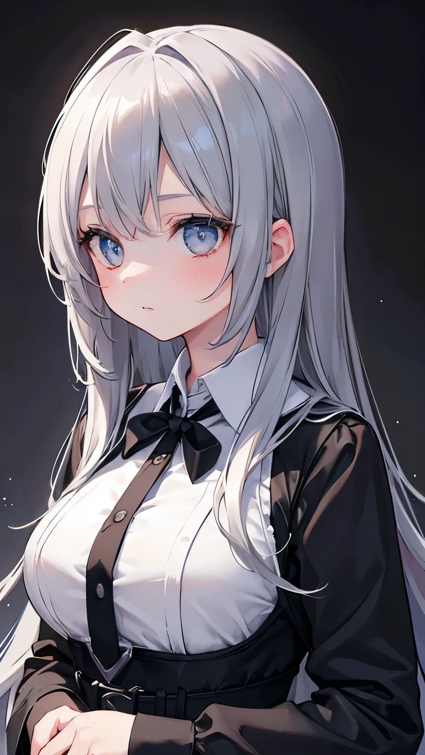 highly be familiar with, 8K, masterpiece, 1 girl, gray two tone_hair, dress , , (perfection_face), Brilliant, Complex, dramatic lighting, 4K, be familiar with_background, caustics, portrait, , from_~ side  