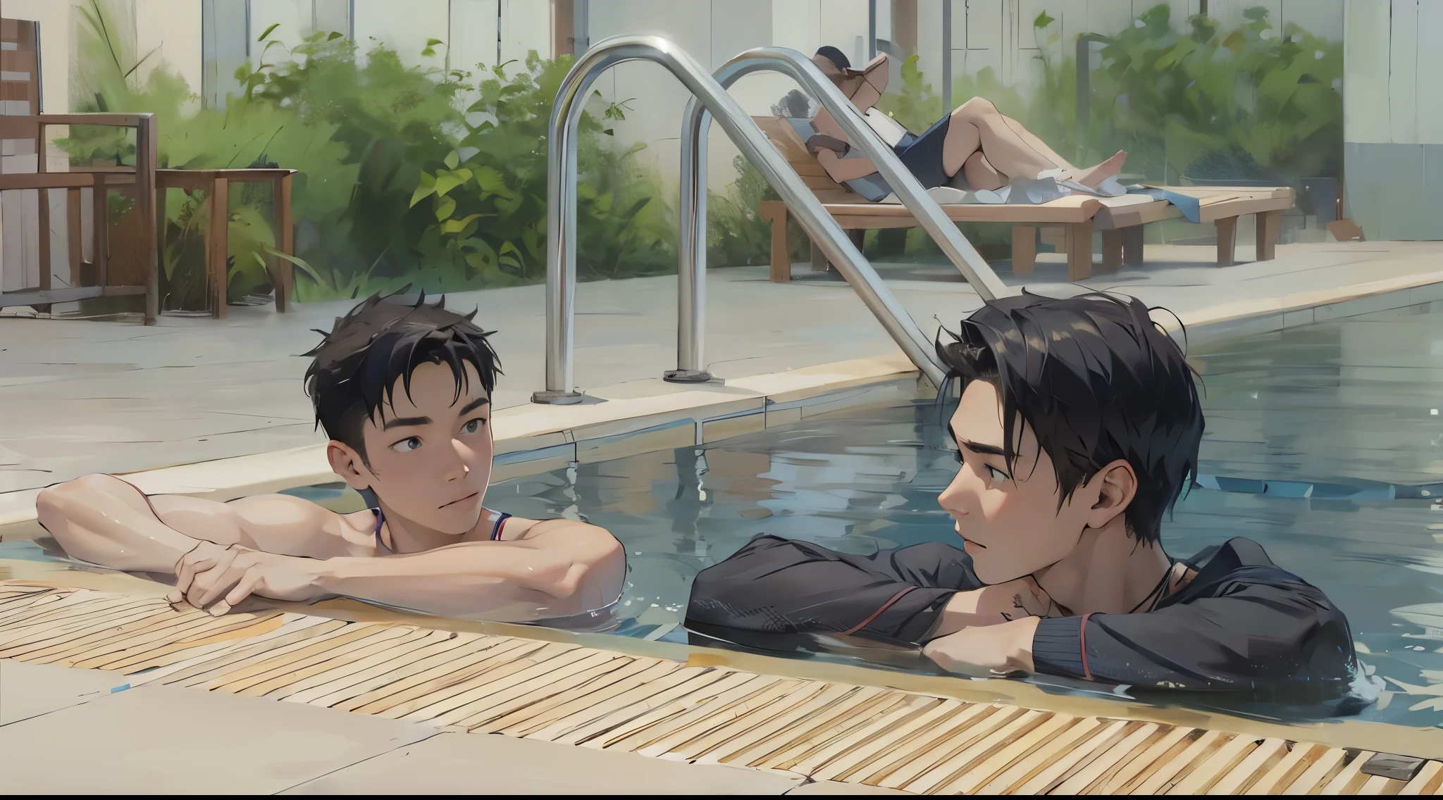 There are two -yeld men the edge of a pool, they are talking.
