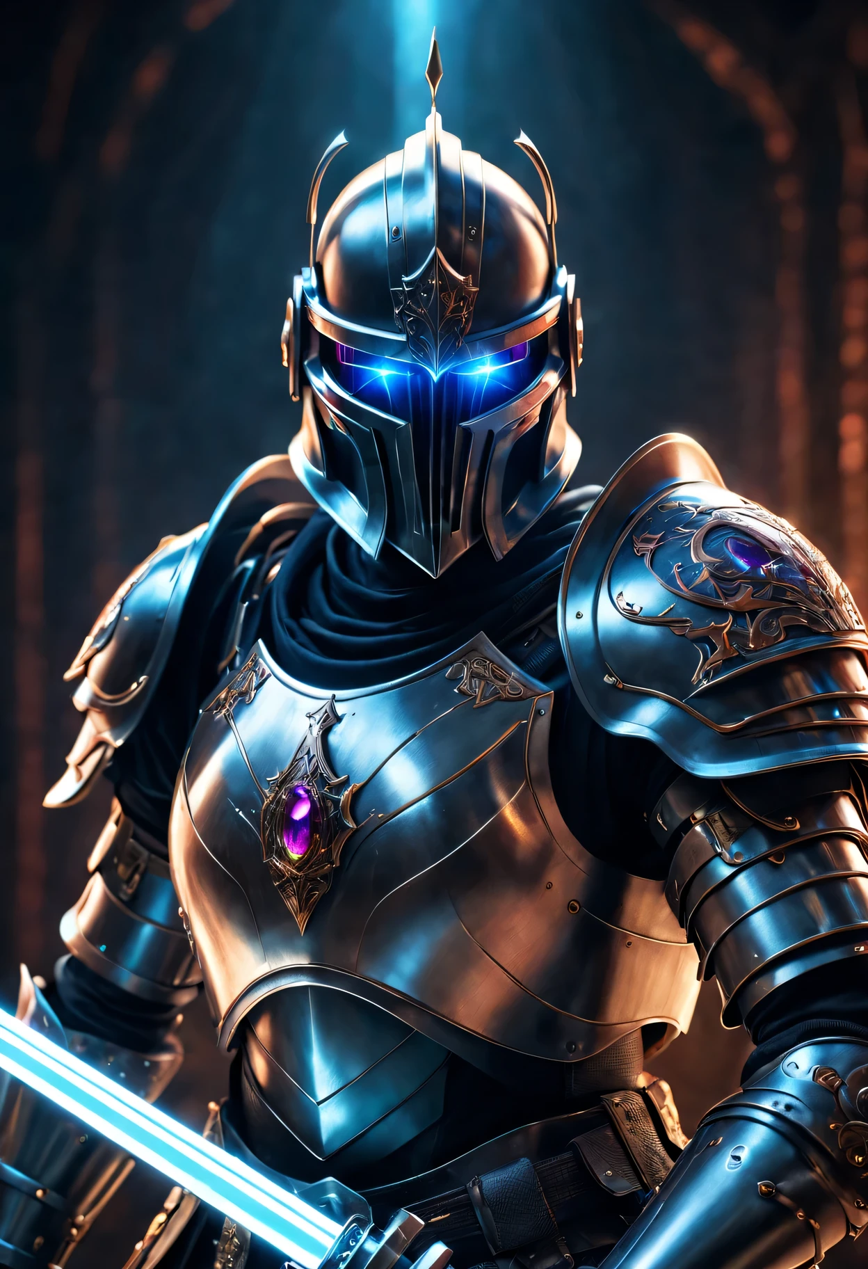 (Jewel Knight, robot, In a magical world),(3d rendering, digital artwork, With a laser sword),(bright shining eyes, Metal body armor),(best quality,Super detailed,lifelike:1.37),high dynamic range,studio lighting,bright colors,sharp focus,(fear,fantasy) style,(dark,Gritty) tone, dramatic lighting