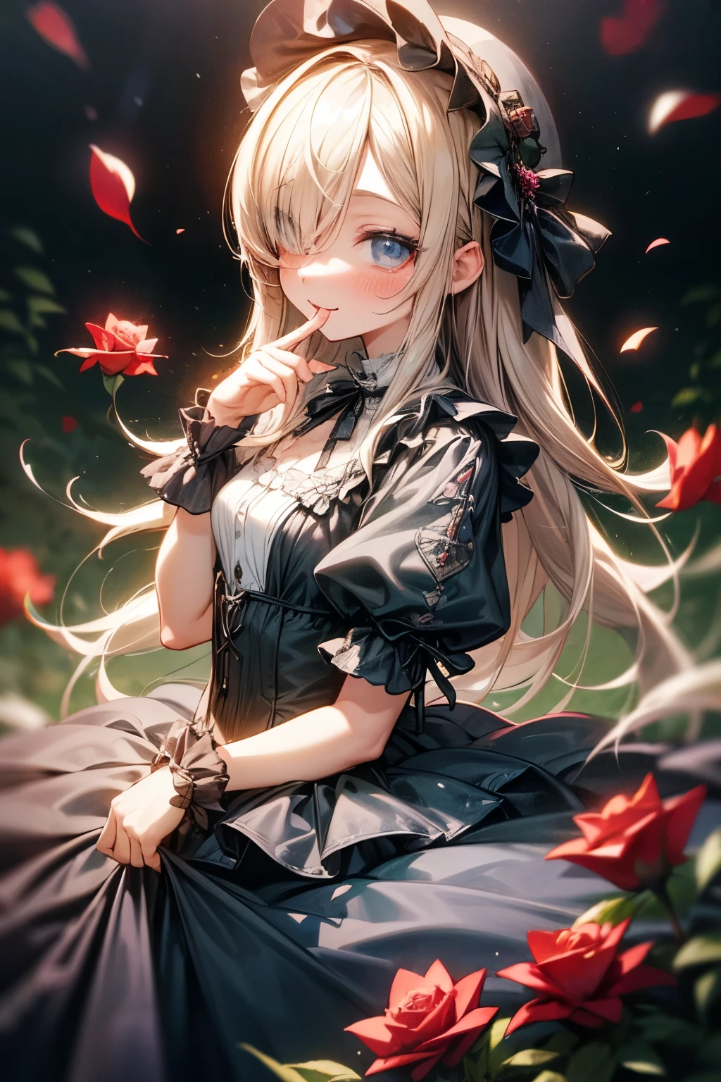 ((Masterpiece)), (Anime:1.5), ((best quality)), (RAW photo: 1.2), (Professional Photography:1.2), 8K, from side, wide shot, (), ((1girl)), Textured skin, cinematic lighting, 1girl, ((Beautiful Gothic Lolita pure-e-Dresses)), (very hoop-dress), Luxury roses embroidery, cute innocent young girl, ((hair over one eye)), Slender and small breasts, (long silky blond hair), (gothic lolita makeup), tiful hair, smile, (blush), Light particles, ((Lift the skirt with hand)), in beautiful Fantastic garden, (red roses garden)