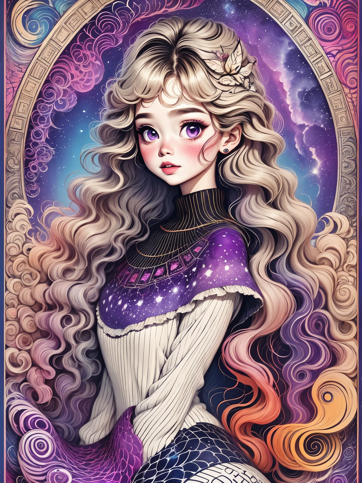 (best quality, masterwork, top quality, watercolor curled, official art, appealing:1.2), (1 girl in:1.3), (fractal art:1.3), upper body, sideways view, looking at the viewer, patterns, (colorful hair, half blonde and half silver:1.2), water, galaxy:1.37, liquid, clouds, vibrant colors, starry sky, stone monument, tarot cards, fairy, lipstick, rosy complexion, purple eyes, dreamy:1.37, with a highly colorful and captivating kawaii gothic style...)