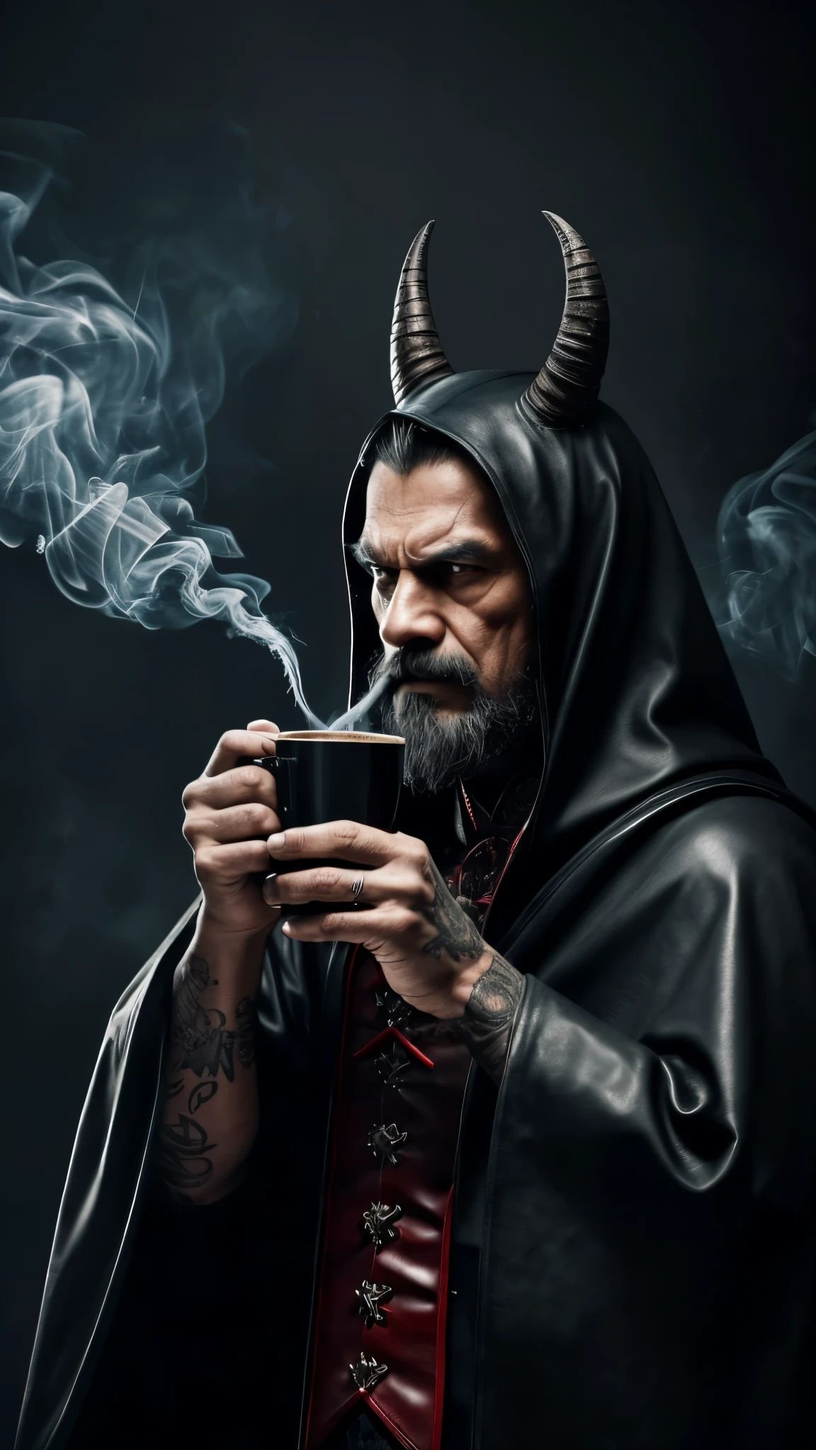 100 years old, red eyes, monster, devil look, ringing ears, tattoo face, horns, villain character, corrupt, degenerate, iniquitous, nefarious, and vicious, monster look, drinking cofee, wearing leather wizard cloak, malaysian Hogwarts style, black wizard, dark scene and smoke in background, super detail, movie poster, photography picture, wallpaper picture quality, masterpiece, high resolution, 16k hd