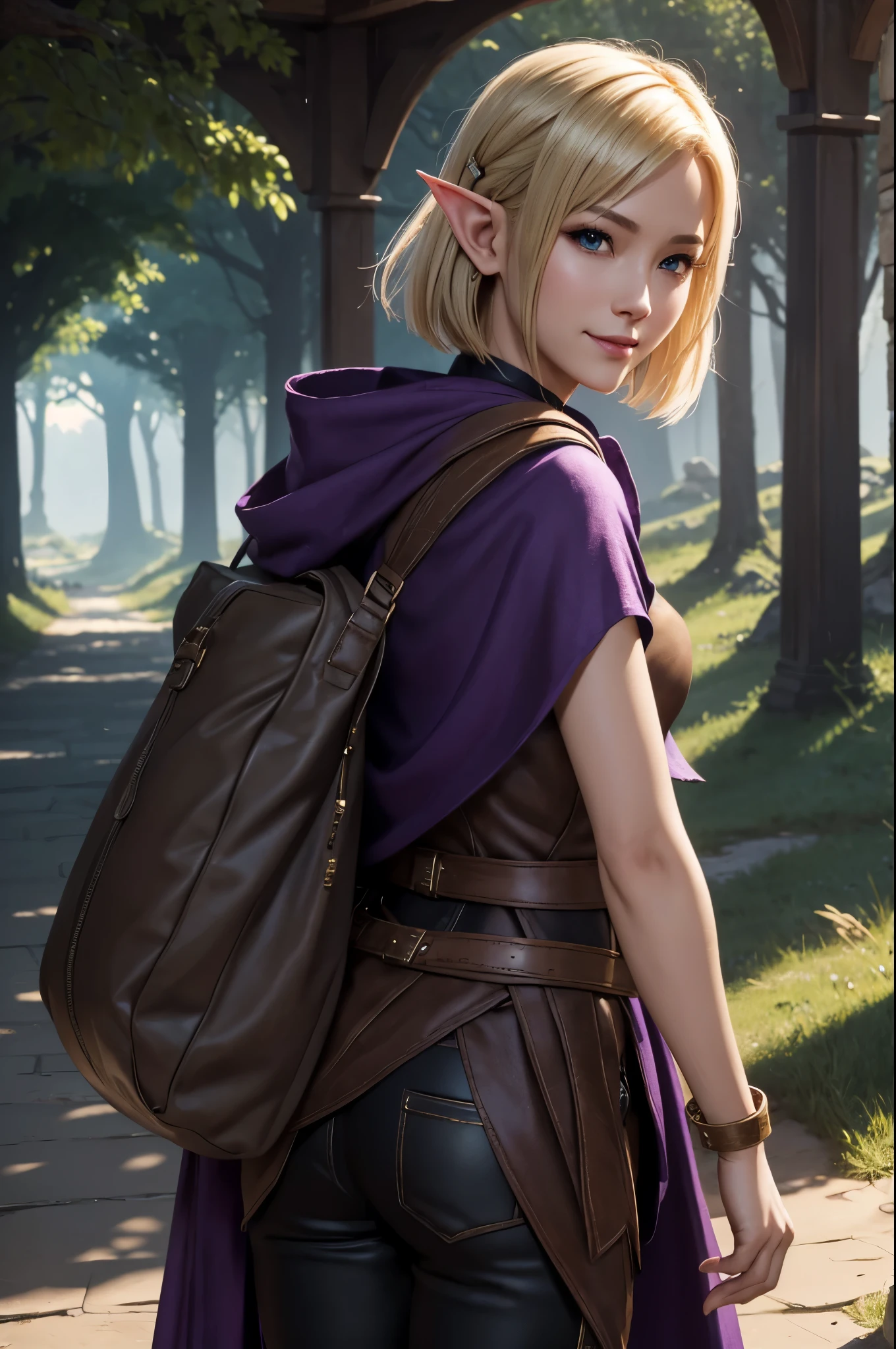 8k,Smiling blonde short bob hair,super beautiful(like the real thing),elf ears,An Arafe woman wearing a brown cloak is walking., super detailed Fantasy characterss, 3d rendering character art 8k, types of bacteria ; 3d unreal engine, fantasy costume, 4 k detail fantasy, 2. 5d cgi anime fantasy artwork, Fantasy characters, gorgeous purple and black pants, seductive woman, 素晴らしいcharacter art,masterpiece,Photorealistic RAW photos of the highest quality。bright colors,rich colors, Backlight, cinematic lighting, film grain, to be born, 50mm lens, Nikon D850,realistic skin,fantasy art,character art,ultra high resolution,realistic skin,wilderness,small breasts,road with dust,Adventurer's Costume,Carrying a large bag on your back,walk with half your face covered,hide your face,sharp gaze,