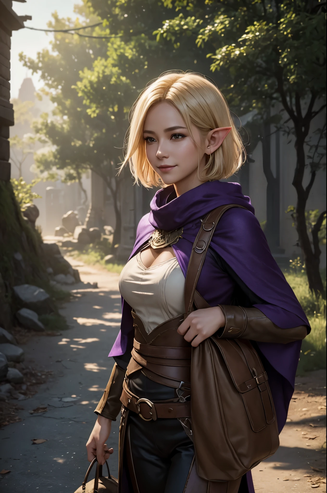 8k,Elf smiling blonde short bob hair,super beautiful(like the real thing),elf ears,An Arafe woman wearing a brown cloak is walking., super detailed Fantasy characterss, 3d rendering character art 8k, types of bacteria ; 3d unreal engine, fantasy costume, 4 k detail fantasy, 2. 5d cgi anime fantasy artwork, Fantasy characters, gorgeous purple and black pants, seductive woman, 素晴らしいcharacter art,masterpiece,Photorealistic RAW photos of the highest quality。bright colors,rich colors, Backlight, cinematic lighting, film grain, to be born, 50mm lens, Nikon D850,realistic skin,fantasy art,character art,ultra high resolution,realistic skin,wilderness,small breasts,road with dust,Adventurer's Costume,Carrying a large bag on your back,walk with half your face covered,hide your face,sharp gaze,carry a sword,