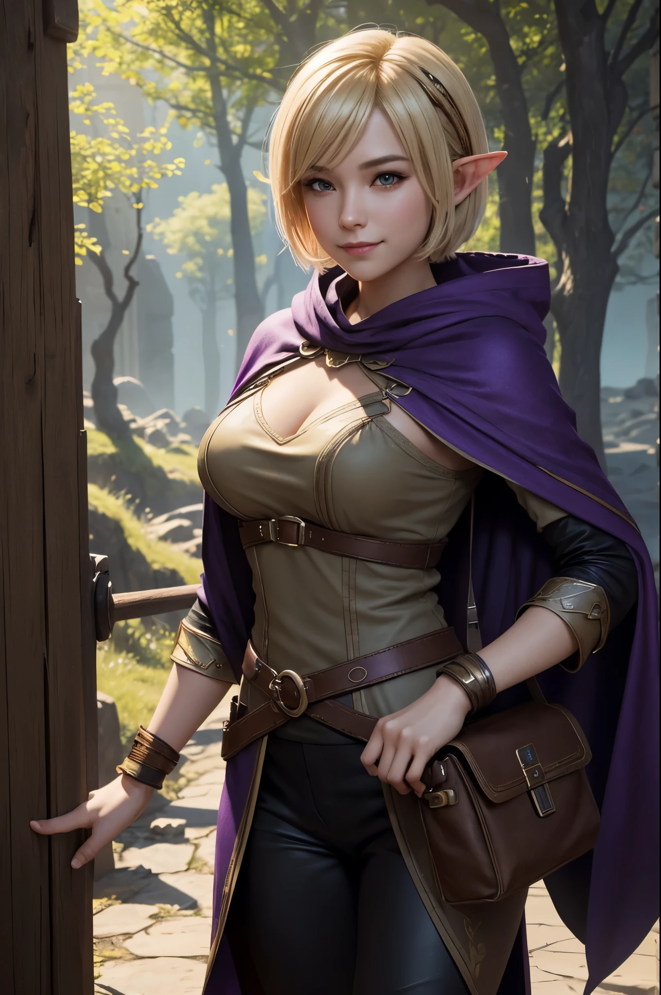 8k,Smiling blonde short bob hair,super beautiful(like the real thing),elf ears,An Arafe woman wearing a brown cloak is walking., super detailed Fantasy characterss, 3d rendering character art 8k, types of bacteria ; 3d unreal engine, fantasy costume, 4 k detail fantasy, 2. 5d cgi anime fantasy artwork, Fantasy characters, gorgeous purple and black pants, seductive woman, 素晴らしいcharacter art,masterpiece,Photorealistic RAW photos of the highest quality。bright colors,rich colors, Backlight, cinematic lighting, film grain, to be born, 50mm lens, Nikon D850,realistic skin,fantasy art,character art,ultra high resolution,realistic skin,wilderness,small breasts,road with dust,Adventurer's Costume,Carrying a large bag on your back,walk with half your face covered,hide your face,sharp gaze,