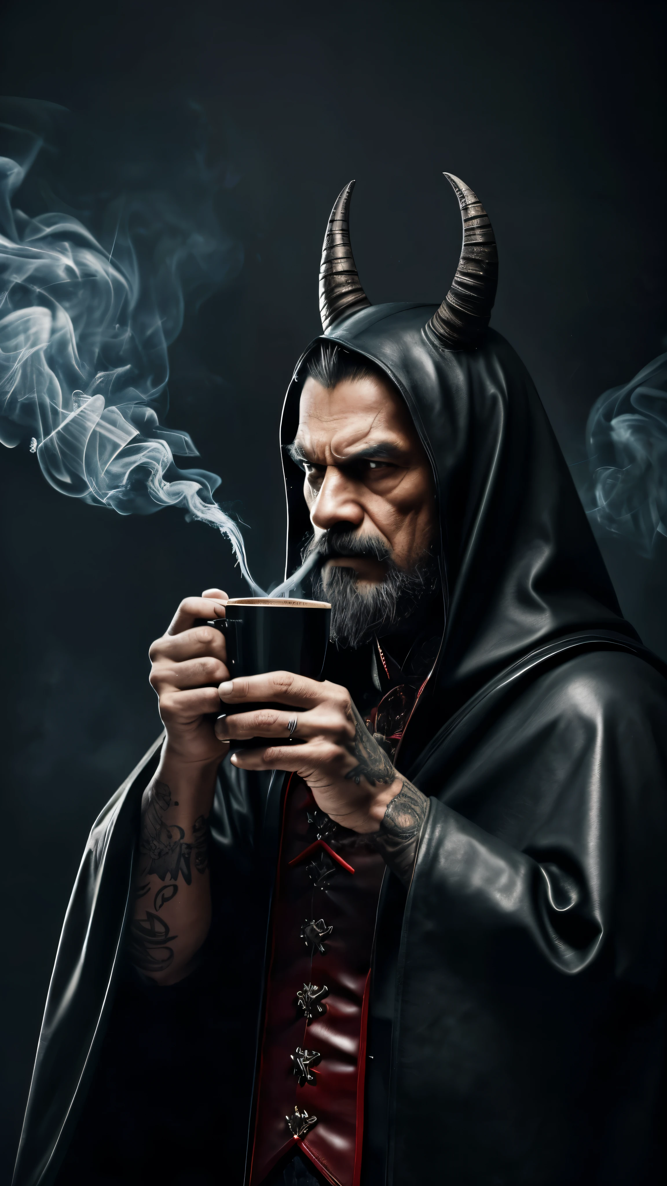 100 years old, red eyes, monster, devil look, ringing ears, tattoo face, horns, villain character, corrupt, degenerate, iniquitous, nefarious, and vicious, monster look, drinking cofee, wearing leather wizard cloak, malaysian Hogwarts style, black wizard, dark scene and smoke in background, super detail, movie poster, photography picture, wallpaper picture quality, masterpiece, high resolution, 16k hd