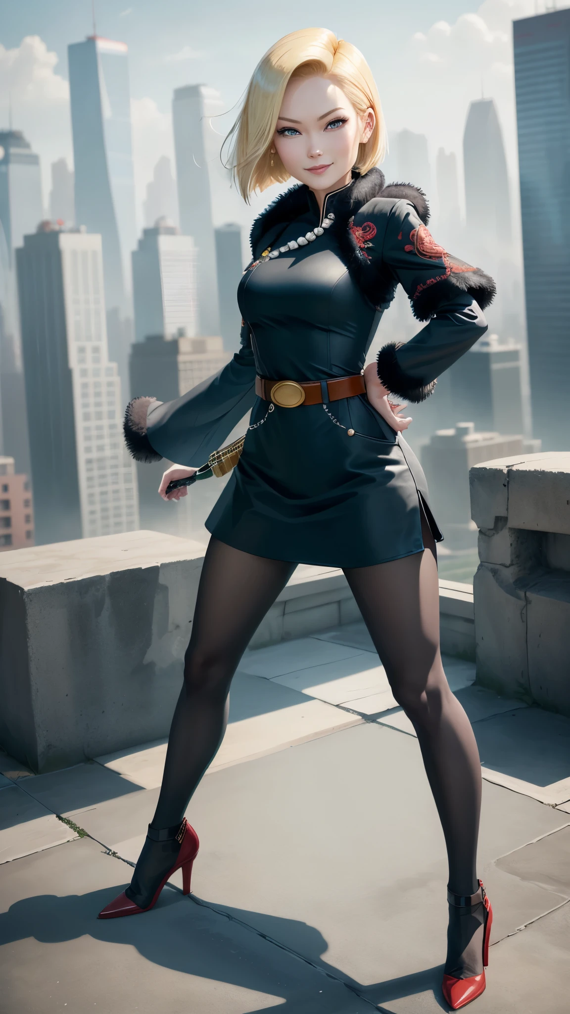 best quality, highres, and18, 1girl, android 18, solo girl, blonde hair, blue eyes, belt, black high heels, long red qipao dress with chinese embroidery, fur jacket, pearl necklace, short hair, medium breasts, cowboy shot, city view, straight-on, (weather: windy), cute smile, full length pantyhose, battle ruins, combat stance,